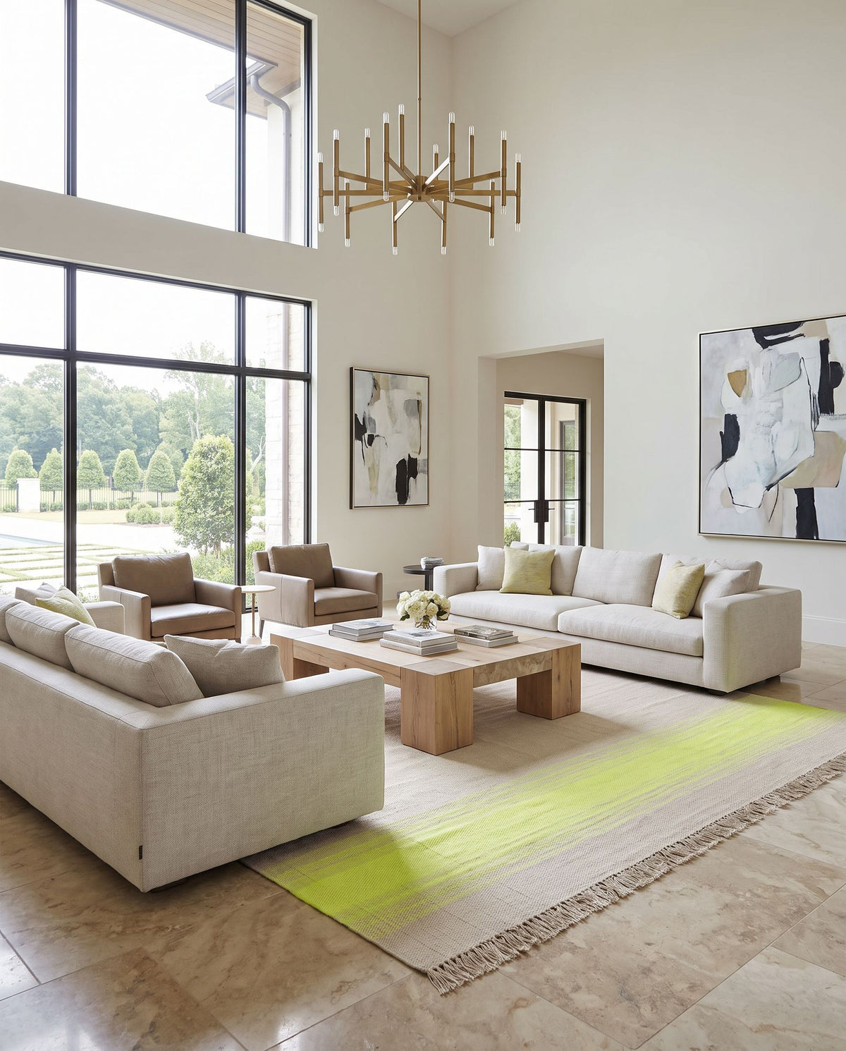 Shine SHN-2002 Hand Woven Rug styled in an elegant designer living room — hand woven cottage area rug in seafoam and yellow tones