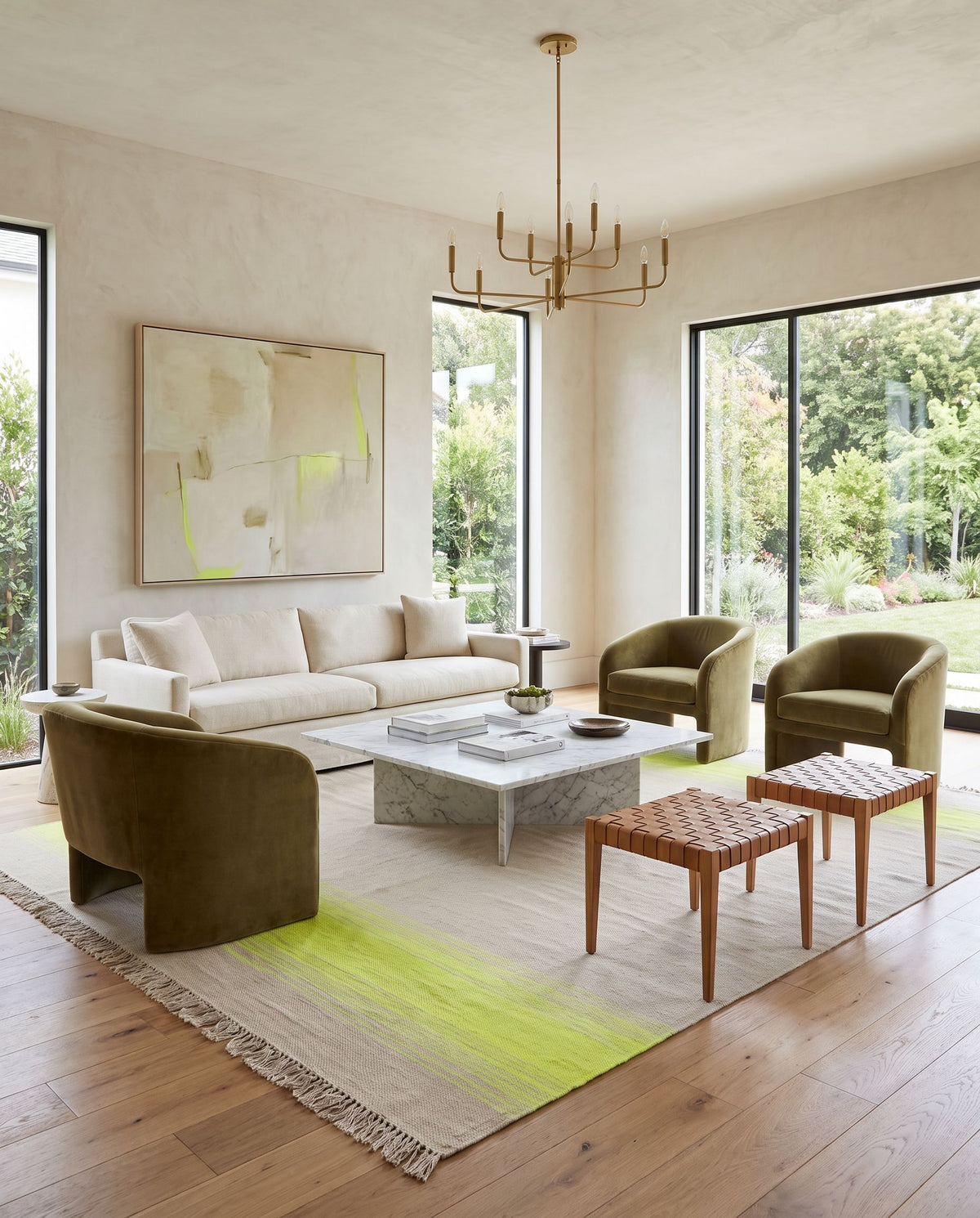 Shine SHN-2002 Hand Woven Rug styled in an elegant designer living room — hand woven cottage area rug in seafoam and yellow tones