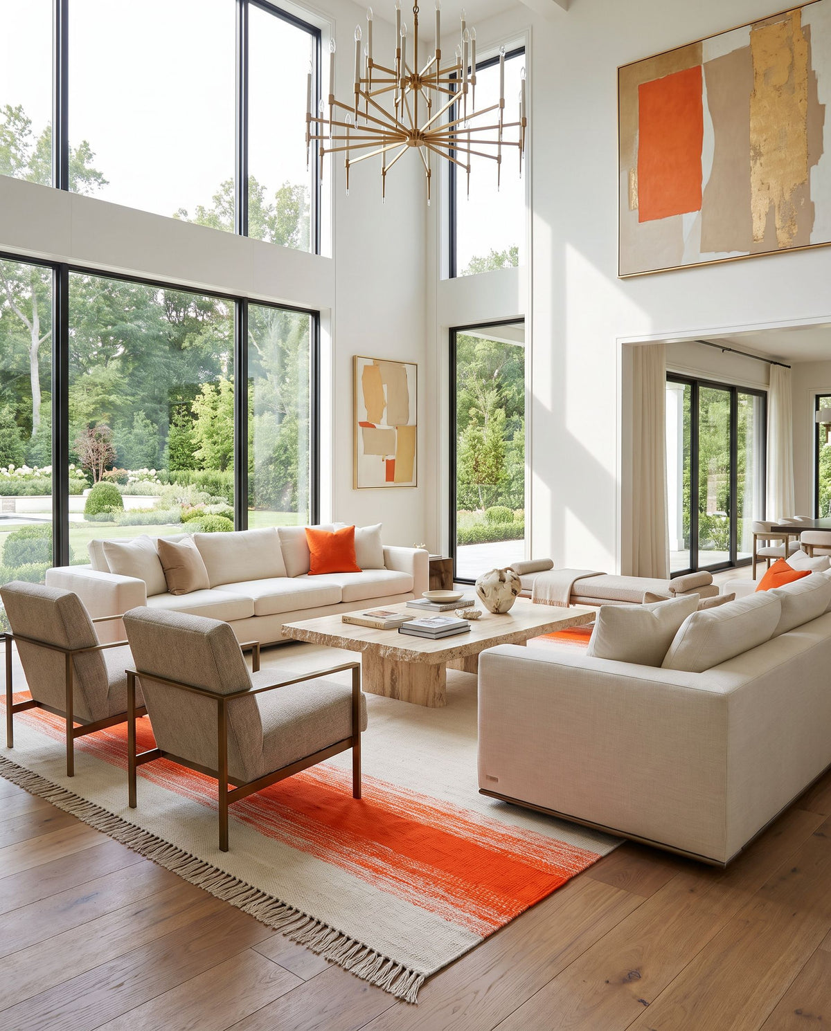 Shine SHN-2003 Hand Woven Rug as the centerpiece of a bright luxury living room — a hand woven transitional, traditional area rug in orange and sage tones