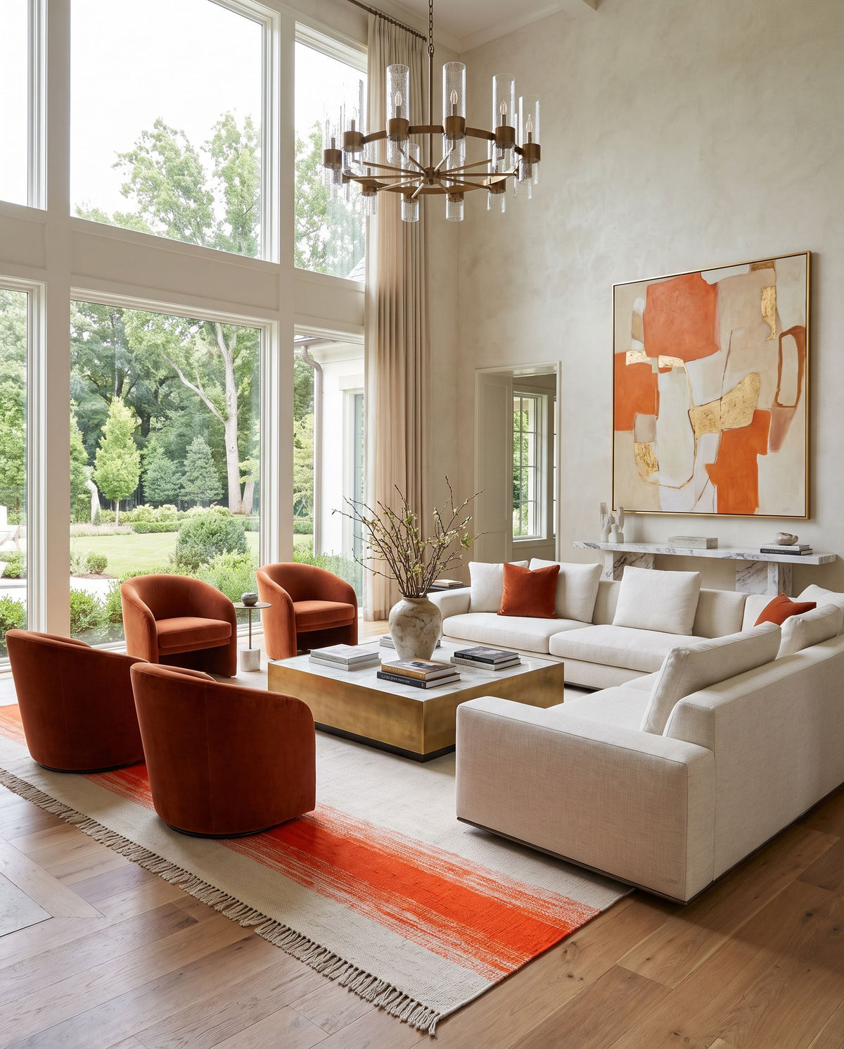 Shine SHN-2003 Hand Woven Rug styled in an elegant designer living room — hand woven transitional, traditional area rug in orange and sage tones