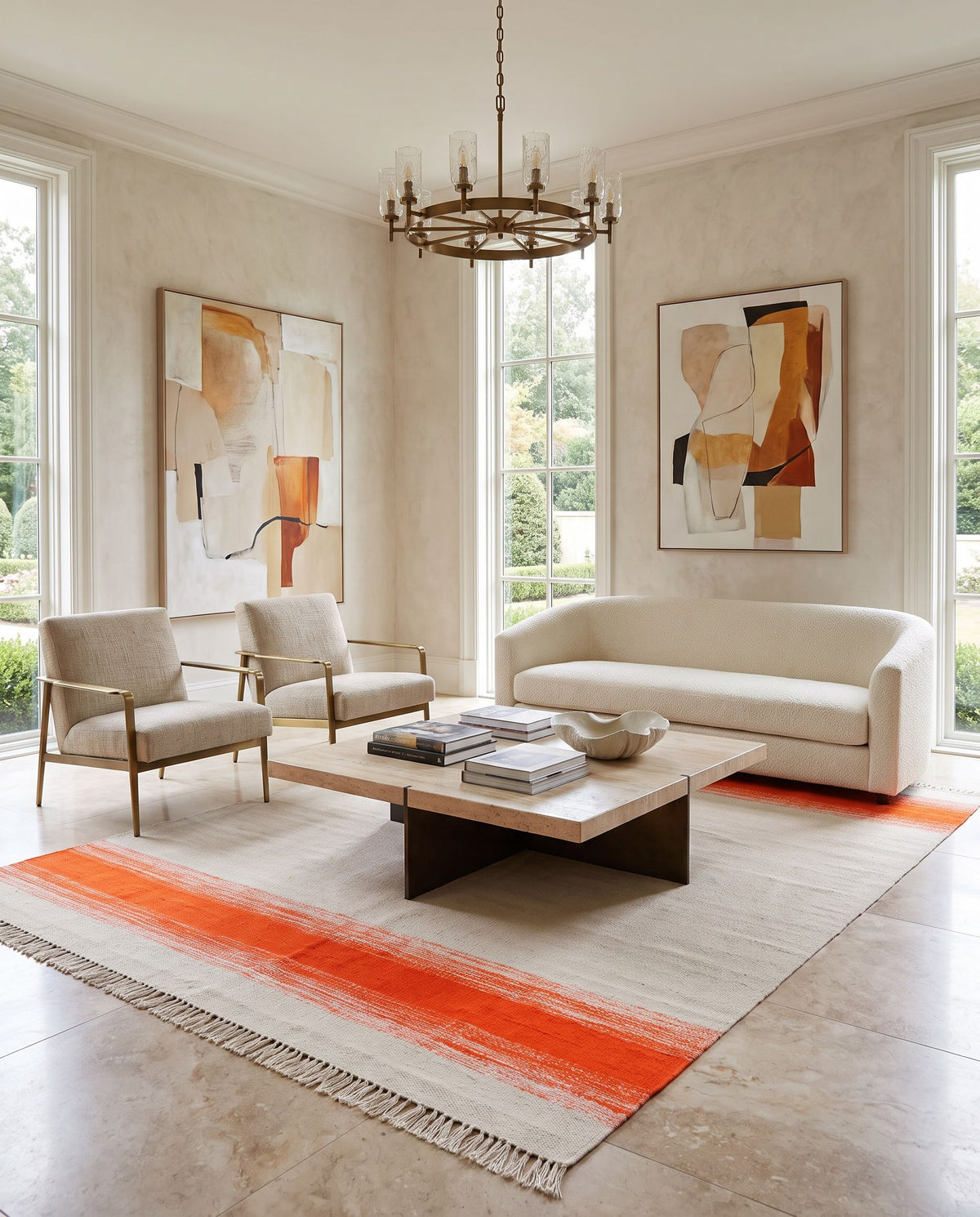 Shine SHN-2003 Hand Woven Rug styled in an elegant designer living room — hand woven transitional, traditional area rug in orange and sage tones