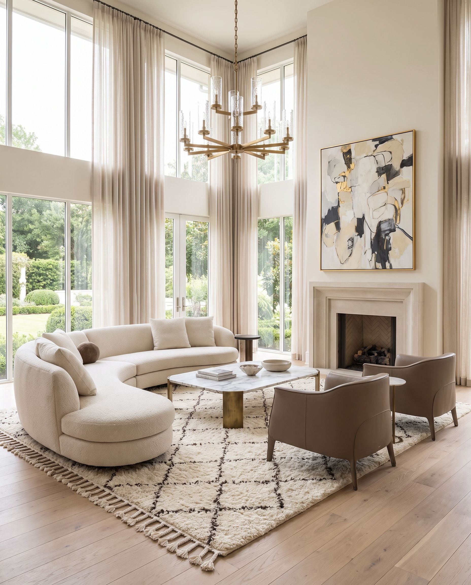 Sherpa SHP-8001 Hand Woven Rug as the centerpiece of a bright luxury living room — a hand woven global area rug in charcoal and ivory tones