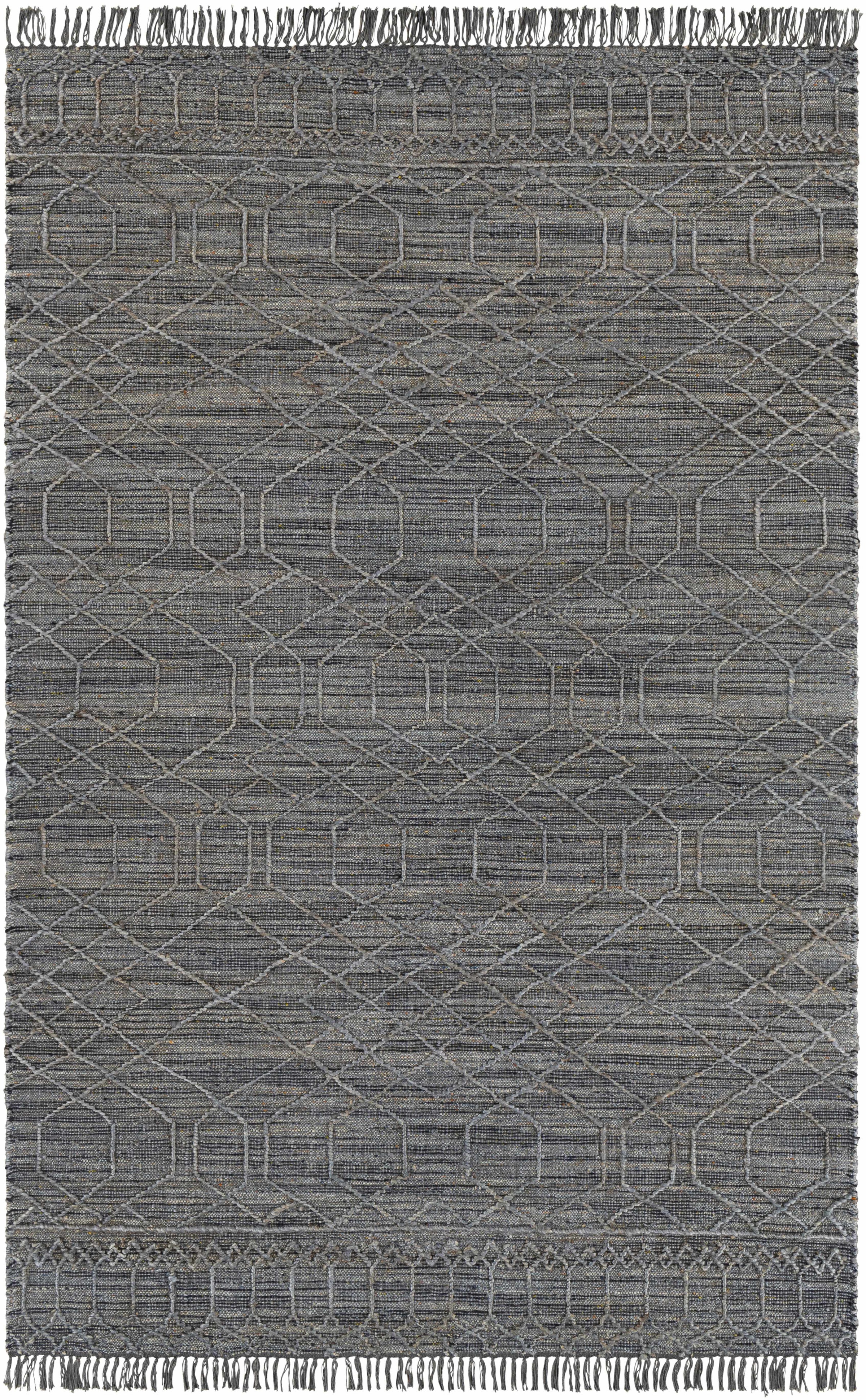 Black Hand Woven 60% Jute, 40% Wool Global Rectangle Handmade rug, Indoor use only, has fringe, non-washable.