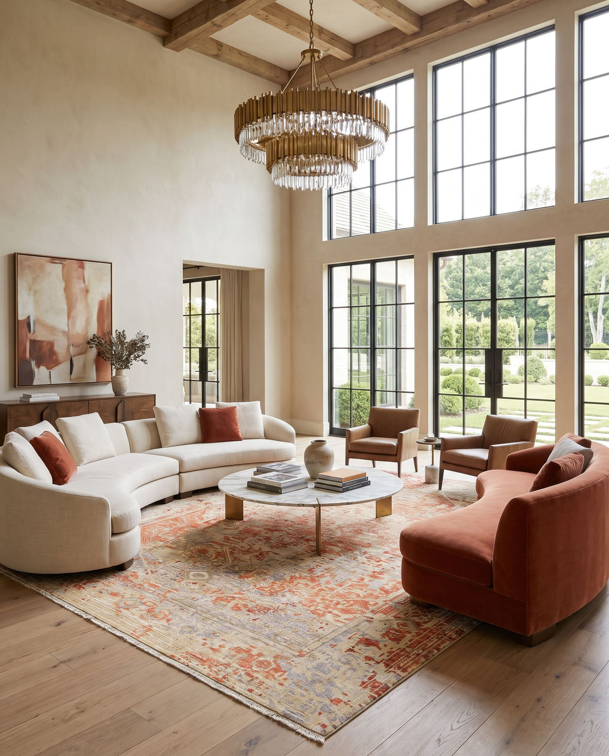 Shiraz SHZ-2302 Hand Knotted Rug as the centerpiece of a bright luxury living room — a hand knotted traditional area rug in burnt orange, burgundy, light sage and white tones