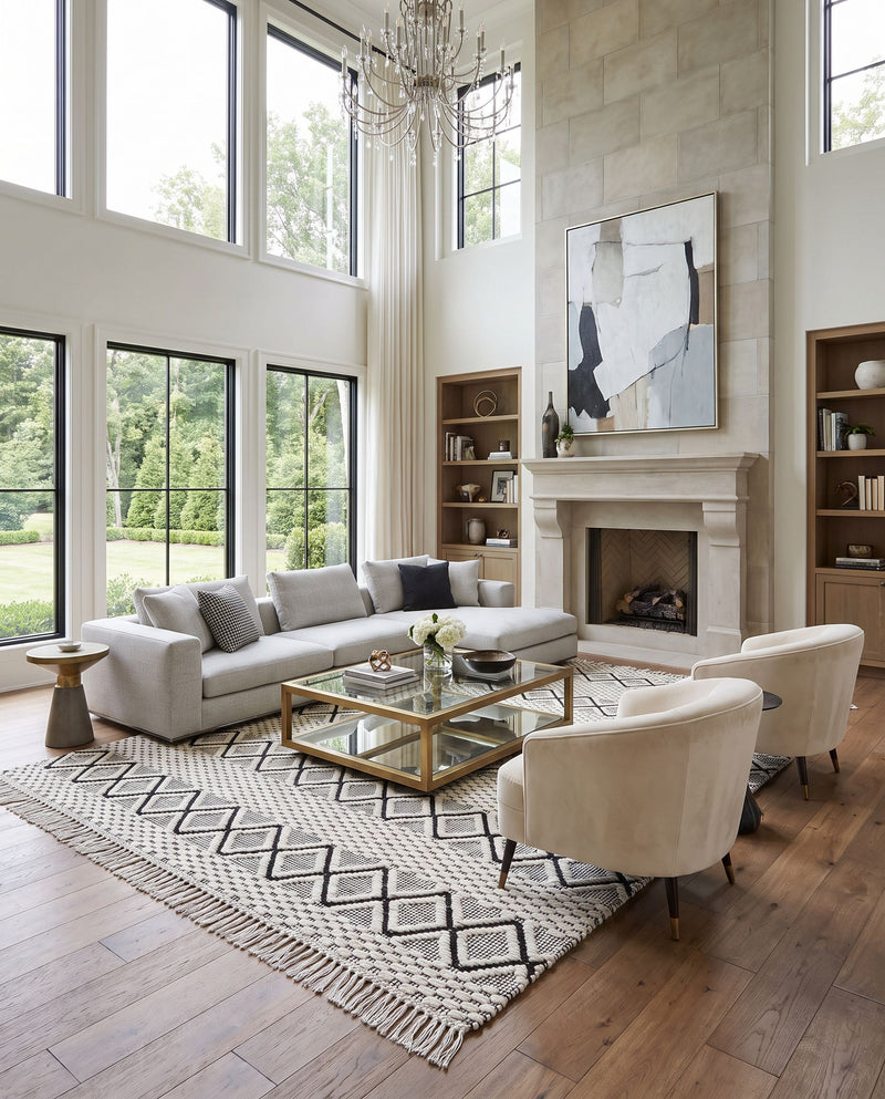 Saint Clair SIC-2301 Hand Woven Rug as the centerpiece of a bright luxury living room — a hand woven global area rug in black and cream tones