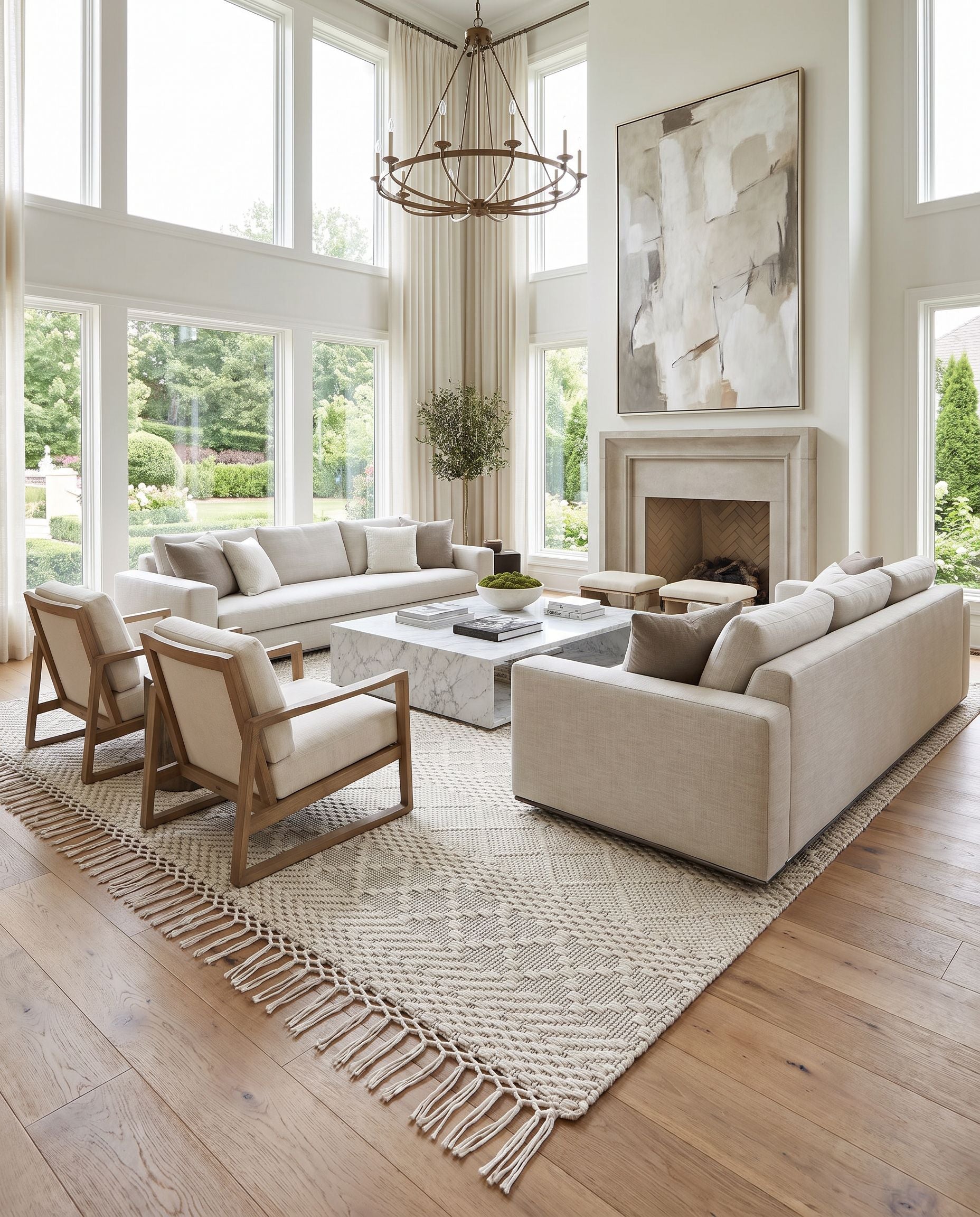 Saint Clair SIC-2303 Hand Woven Rug as the centerpiece of a bright luxury living room — a hand woven global area rug in cream and black tones