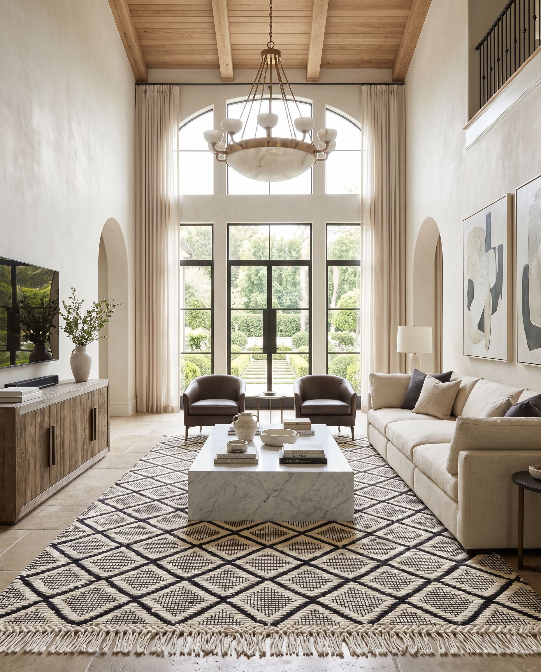 Saint Clair SIC-2304 Hand Woven Rug as the centerpiece of a bright luxury living room — a hand woven global area rug in black and cream tones