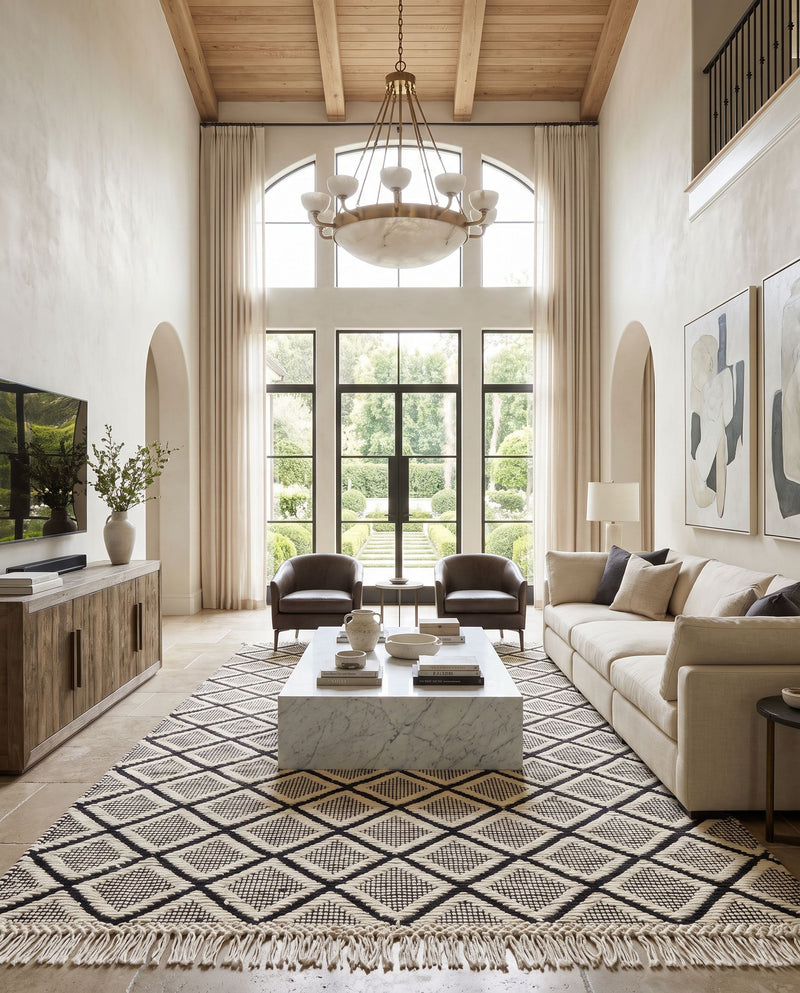 Saint Clair SIC-2304 Hand Woven Rug as the centerpiece of a bright luxury living room — a hand woven global area rug in black and cream tones