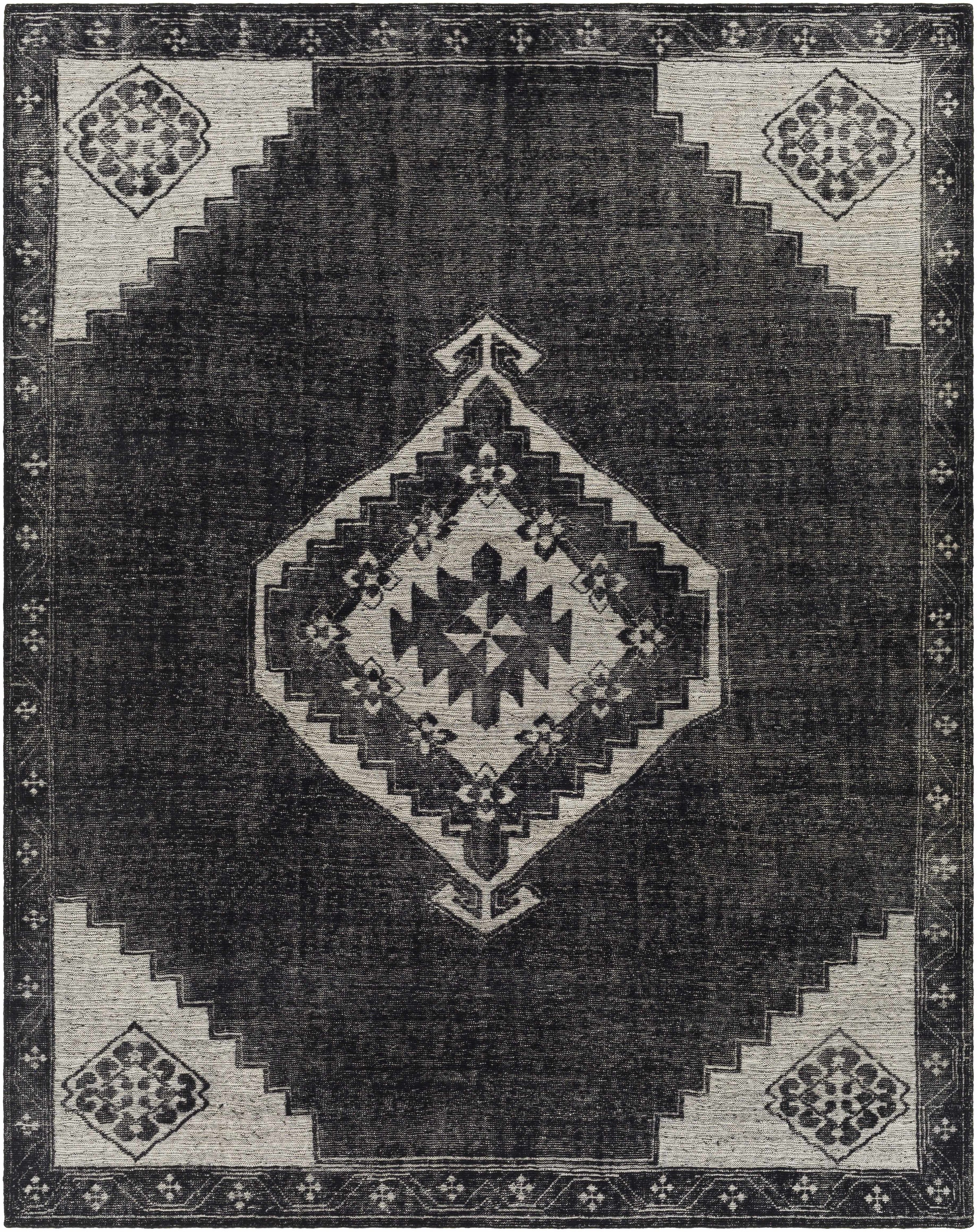 Black Hand Knotted 100% Wool Traditional Rectangle Handmade rug, Indoor use only, no fringe, non-washable.