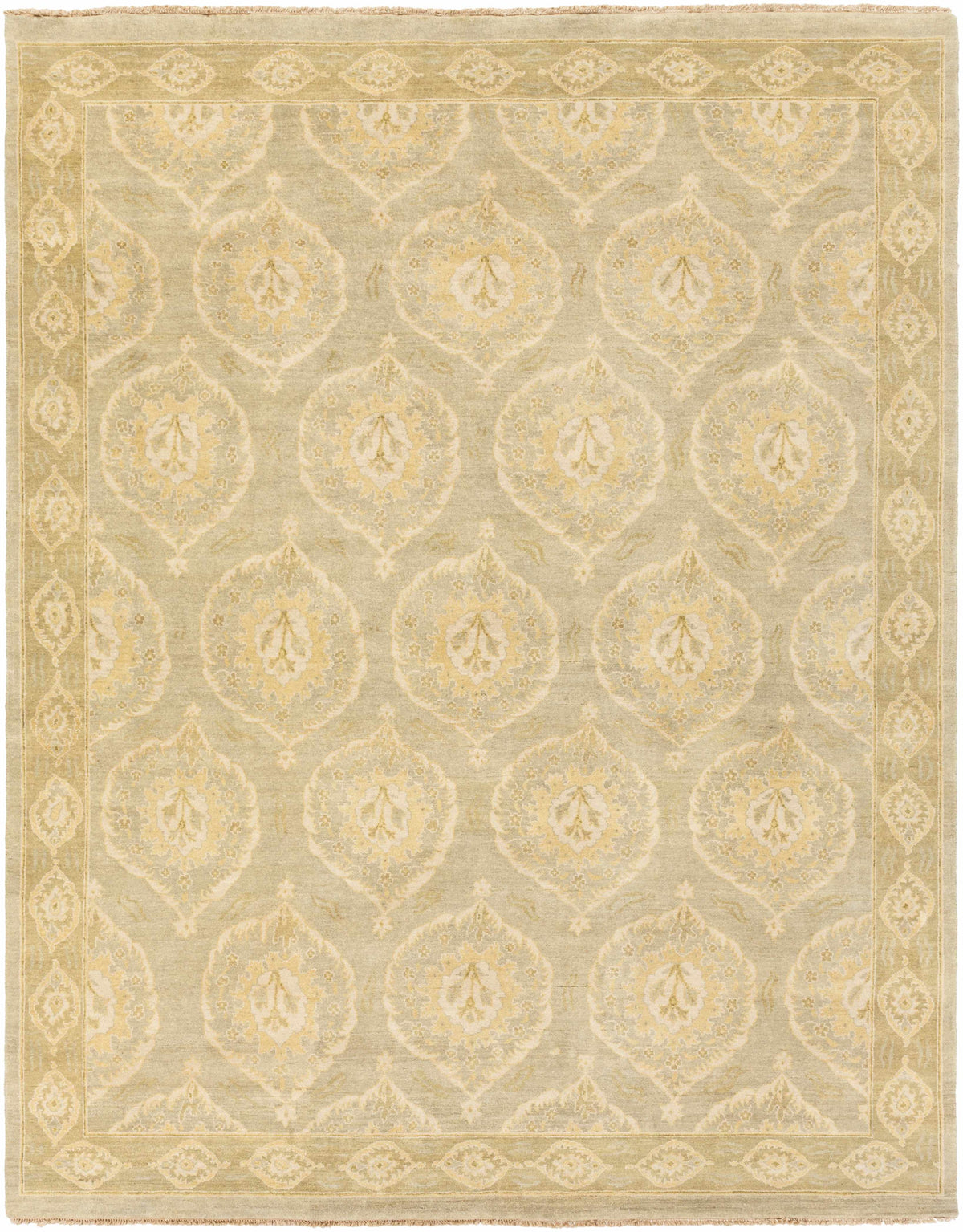 Light Olive Hand Knotted 100% Wool Traditional Rectangle Handmade rug, Indoor use only, has fringe, non-washable.