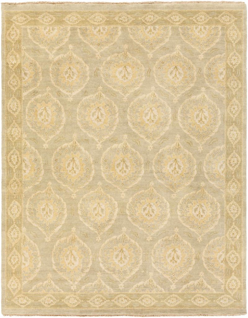Light Olive Hand Knotted 100% Wool Traditional Rectangle Handmade rug, Indoor use only, has fringe, non-washable.