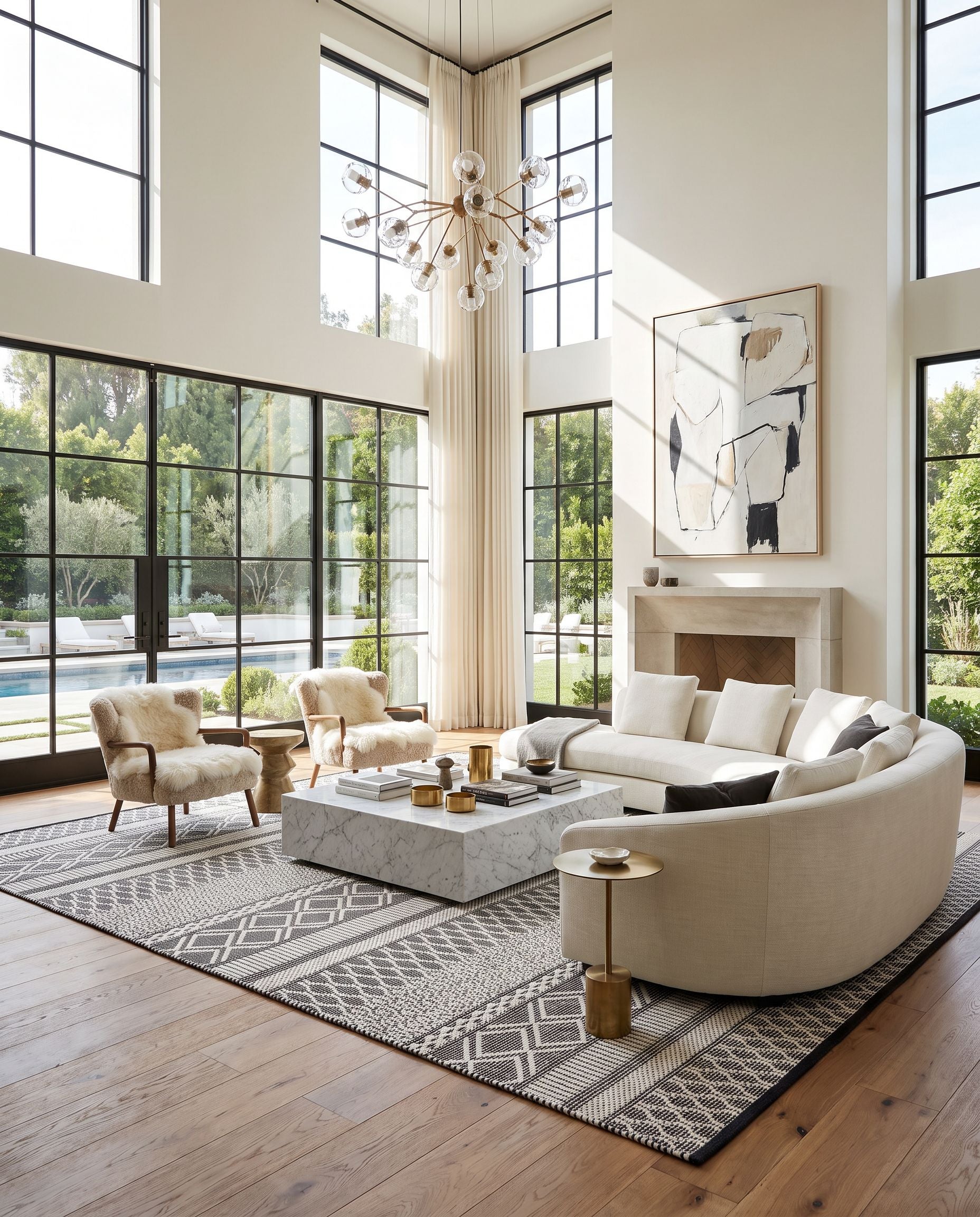 San Jose SJO-2300 Hand Woven Rug as the centerpiece of a bright luxury living room — a hand woven modern area rug in ivory and black tones