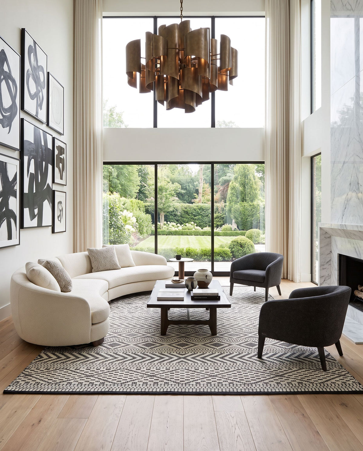San Jose SJO-2301 Hand Woven Rug as the centerpiece of a bright luxury living room — a hand woven modern area rug in ivory and black tones