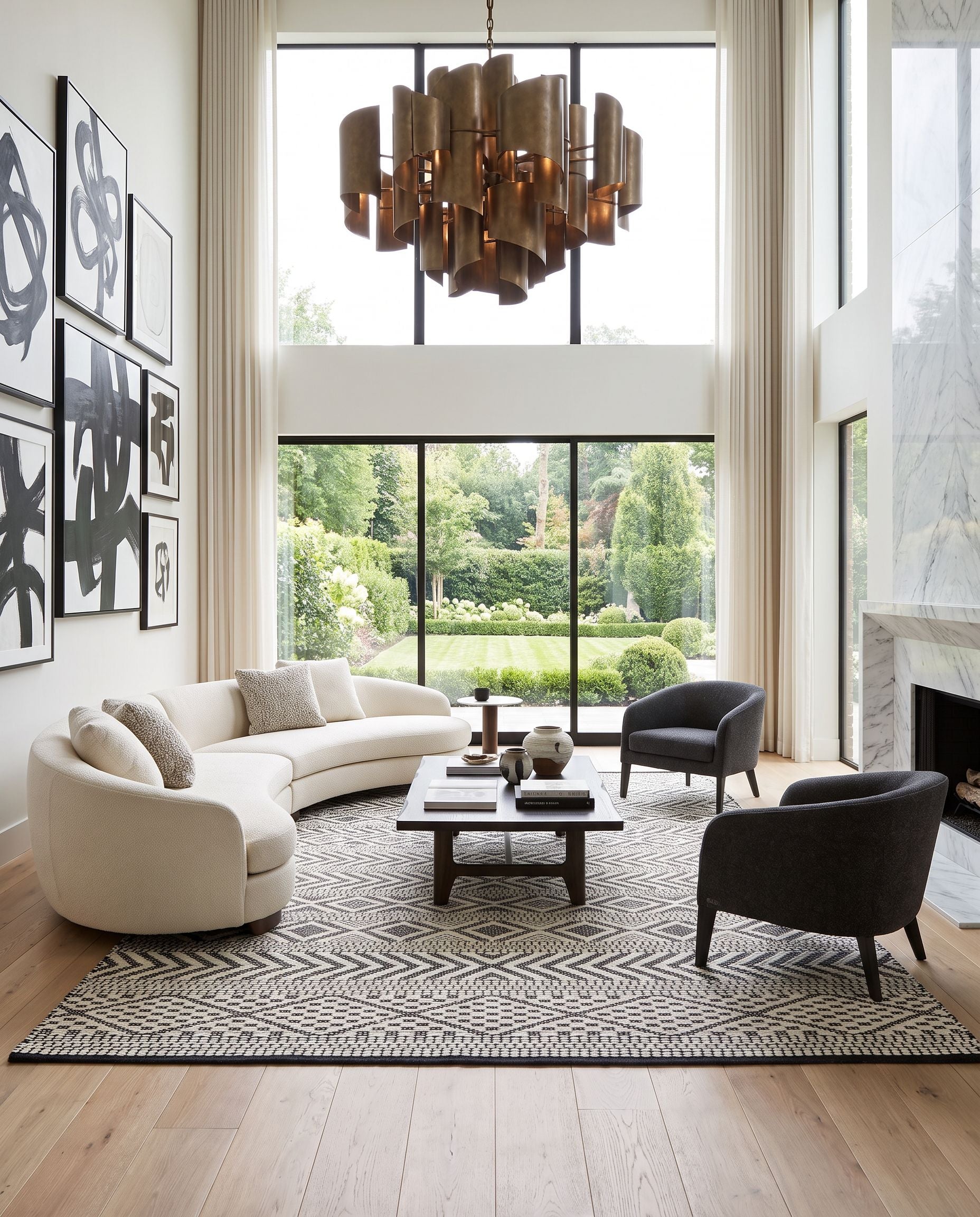 San Jose SJO-2301 Hand Woven Rug as the centerpiece of a bright luxury living room — a hand woven modern area rug in ivory and black tones
