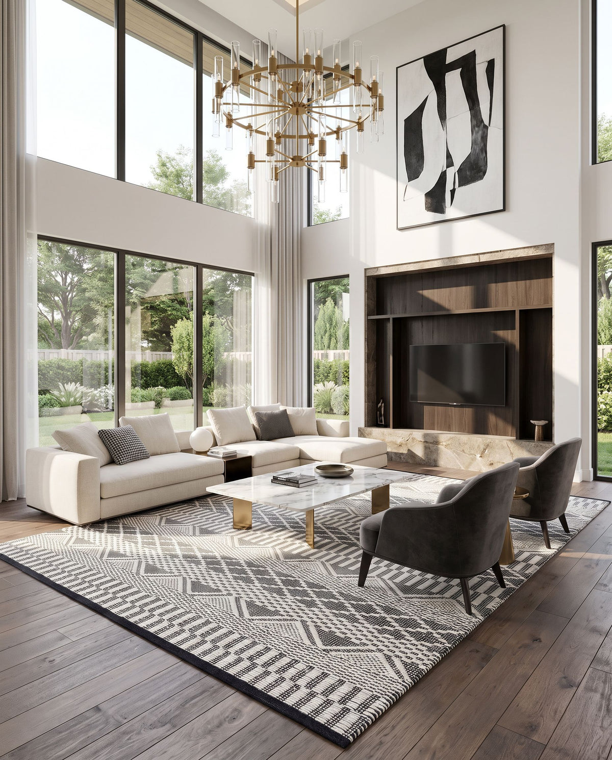 San Jose SJO-2302 Hand Woven Rug as the centerpiece of a bright luxury living room — a hand woven modern area rug in ivory and black tones