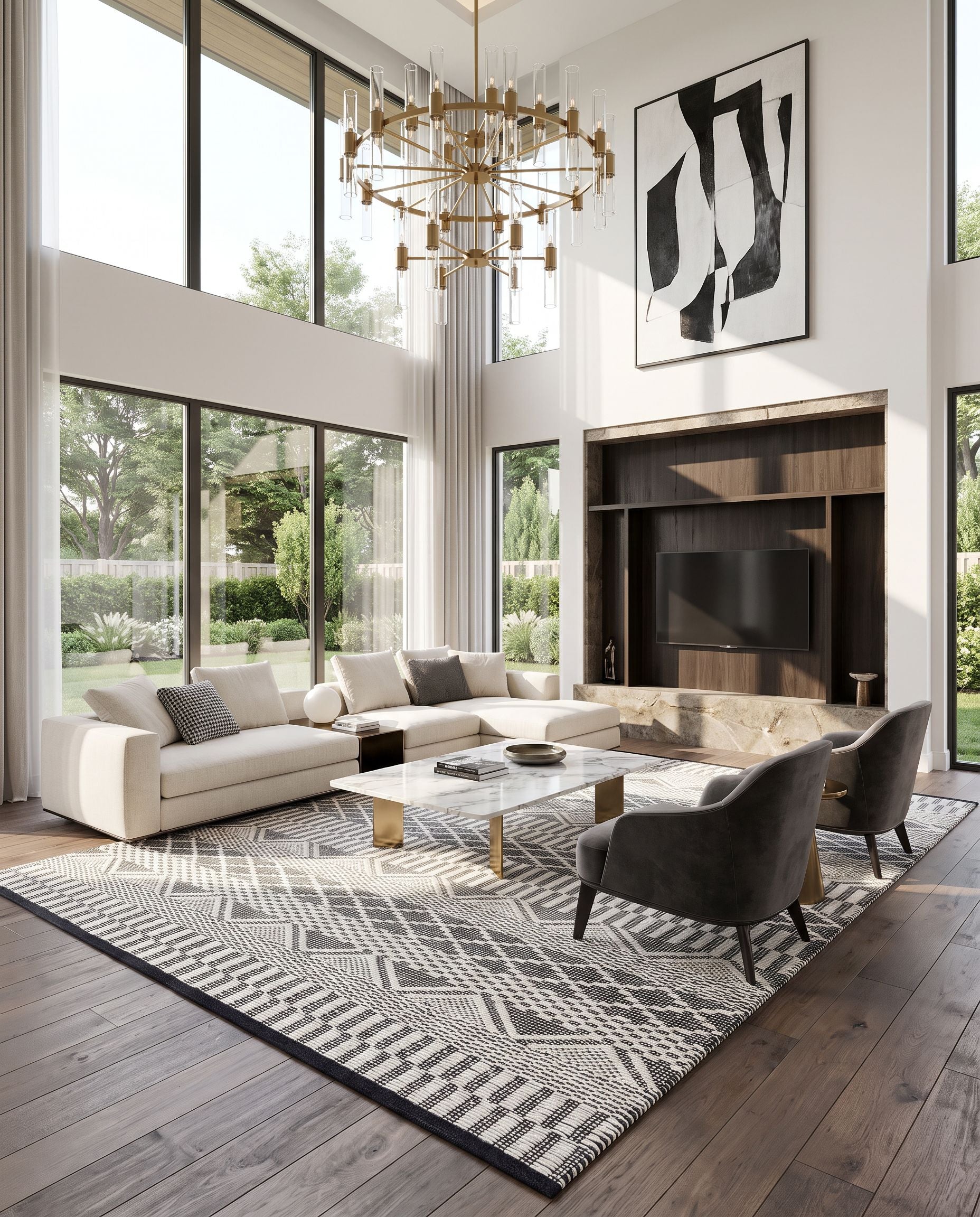 San Jose SJO-2302 Hand Woven Rug as the centerpiece of a bright luxury living room — a hand woven modern area rug in ivory and black tones