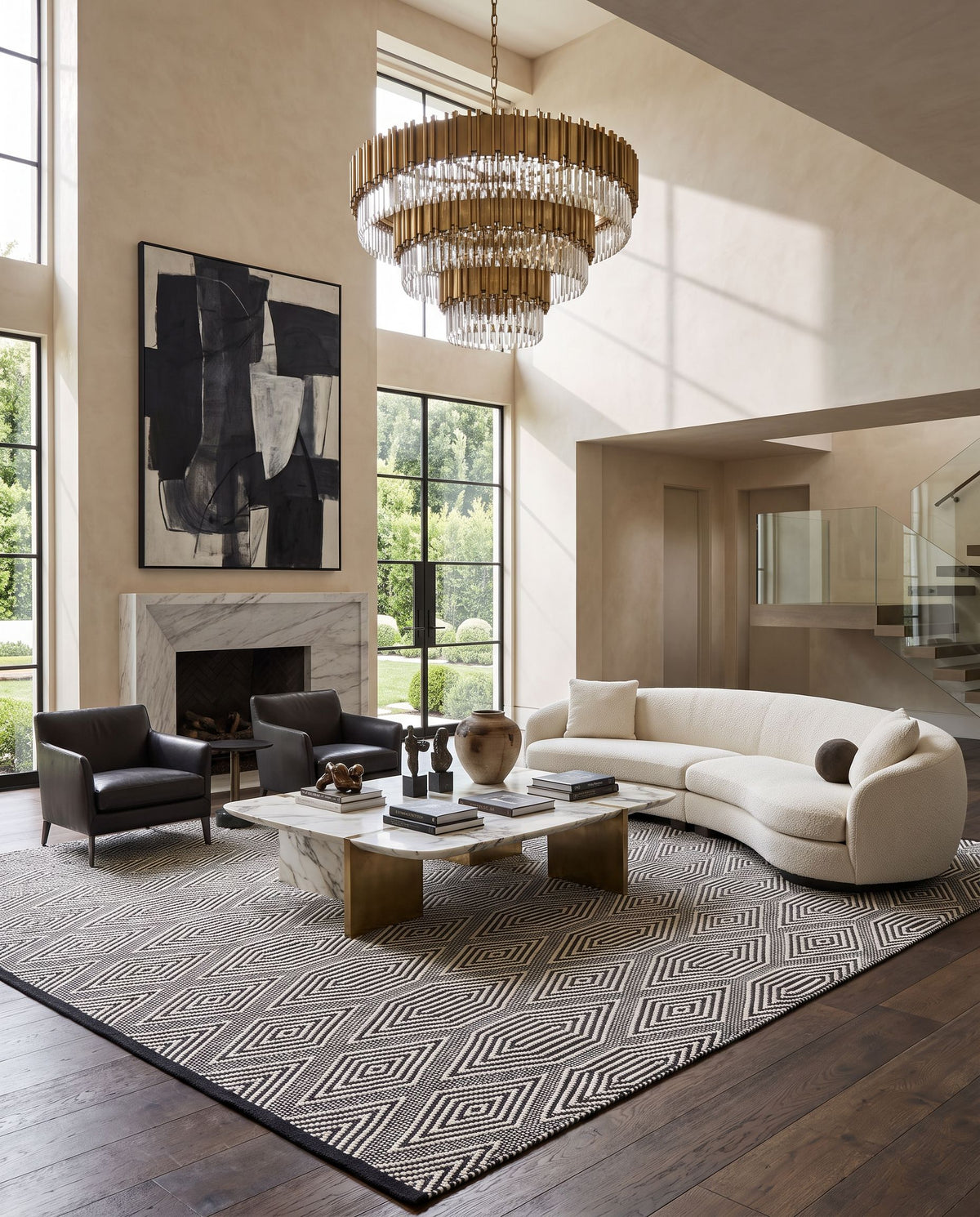 San Jose SJO-2303 Hand Woven Rug as the centerpiece of a bright luxury living room — a hand woven modern area rug in ivory and black tones
