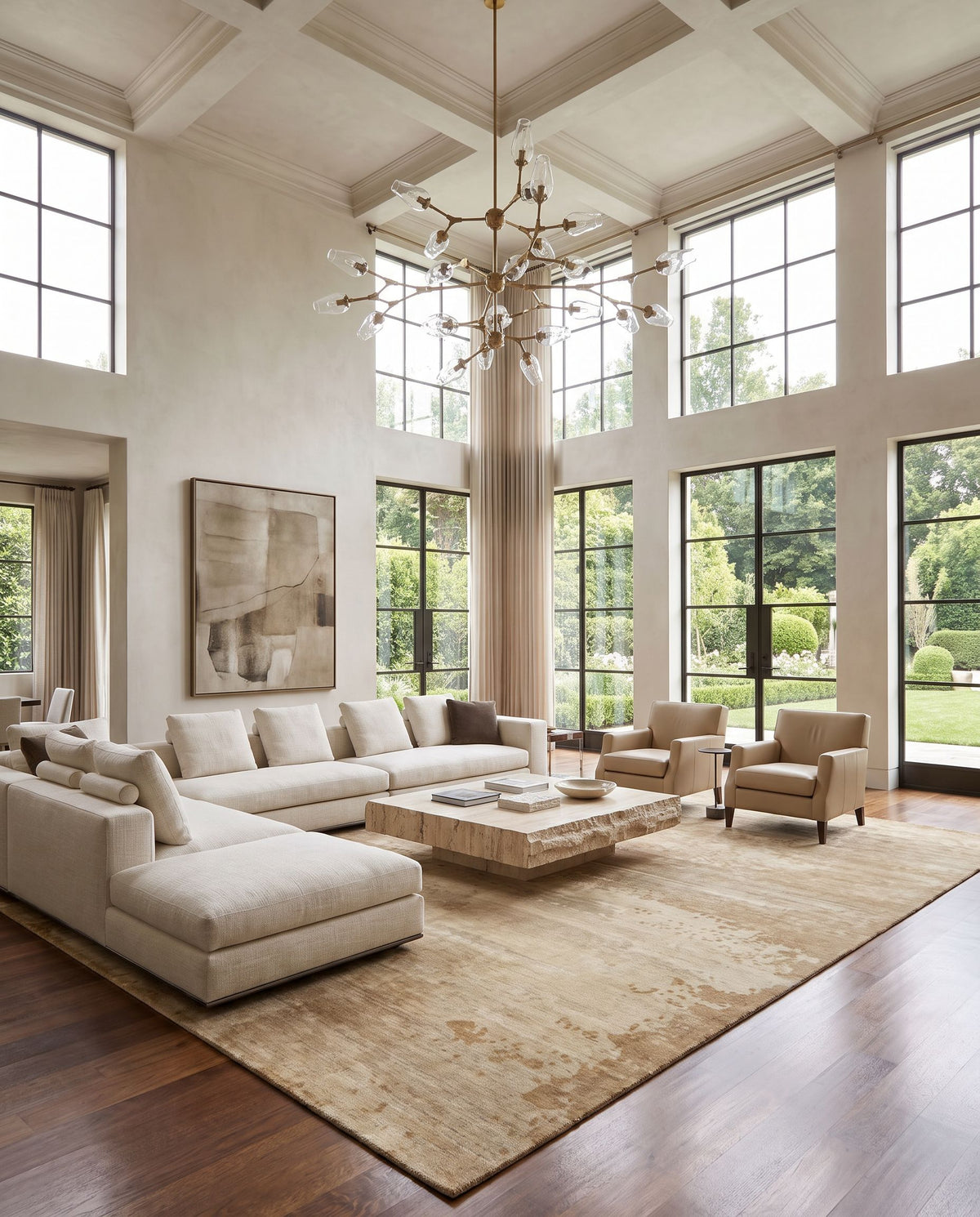 Slice of Nature SLI-6400 Hand Knotted Rug as the centerpiece of a bright luxury living room — a hand knotted modern area rug in beige, wheat, brown and mustard tones