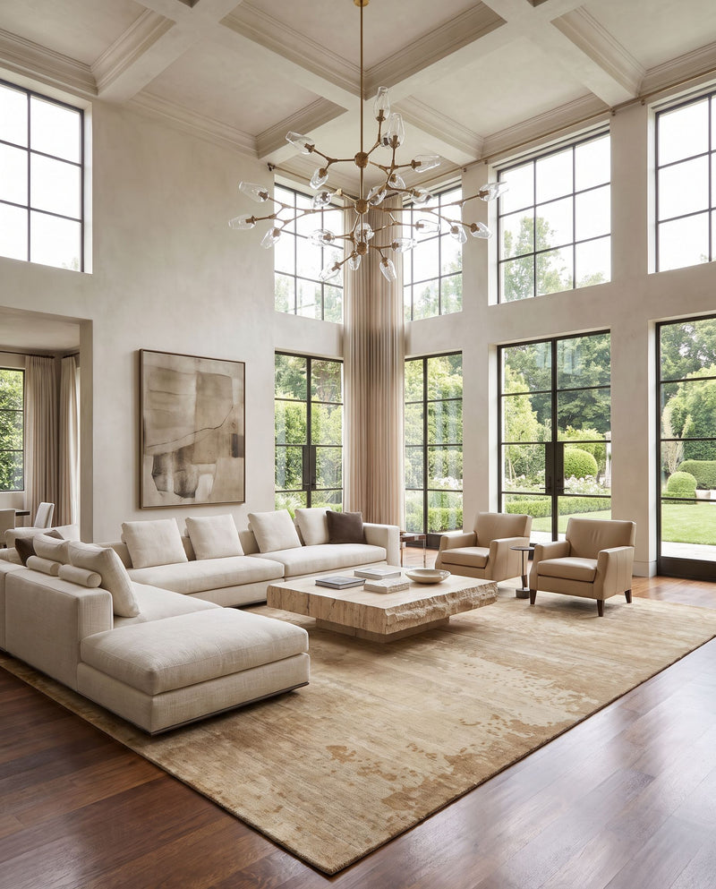 Slice of Nature SLI-6400 Hand Knotted Rug as the centerpiece of a bright luxury living room — a hand knotted modern area rug in beige, wheat, brown and mustard tones