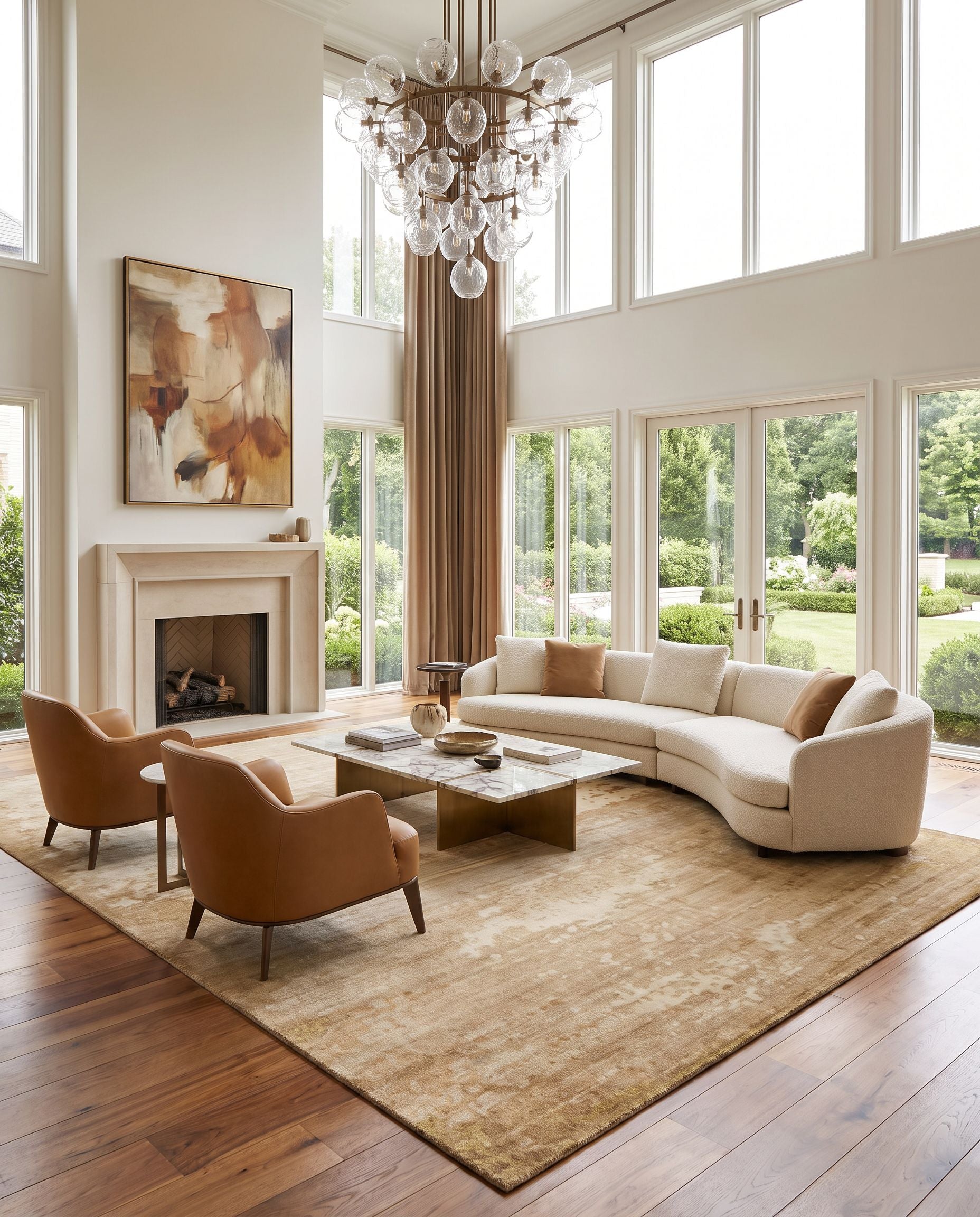 Slice of Nature SLI-6400 Hand Knotted Rug styled in an elegant designer living room — hand knotted modern area rug in beige, wheat, brown and mustard tones