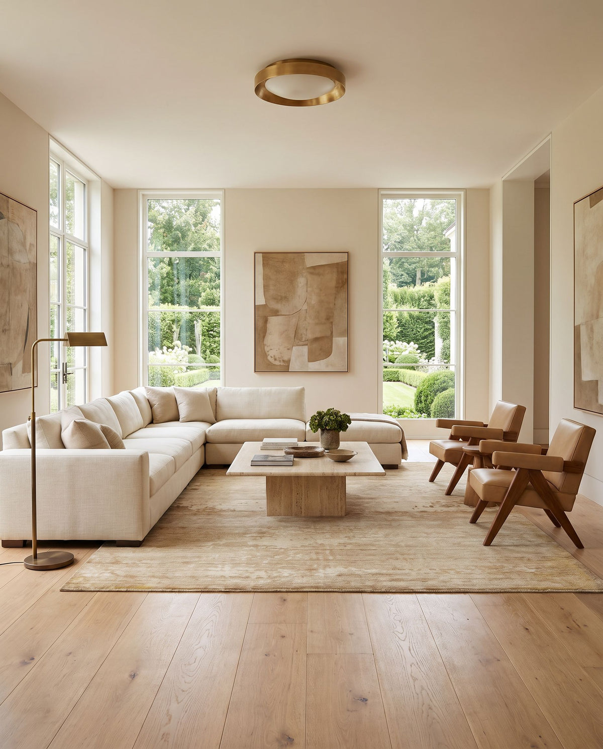 Slice of Nature SLI-6400 Hand Knotted Rug styled in an elegant designer living room — hand knotted modern area rug in beige, wheat, brown and mustard tones