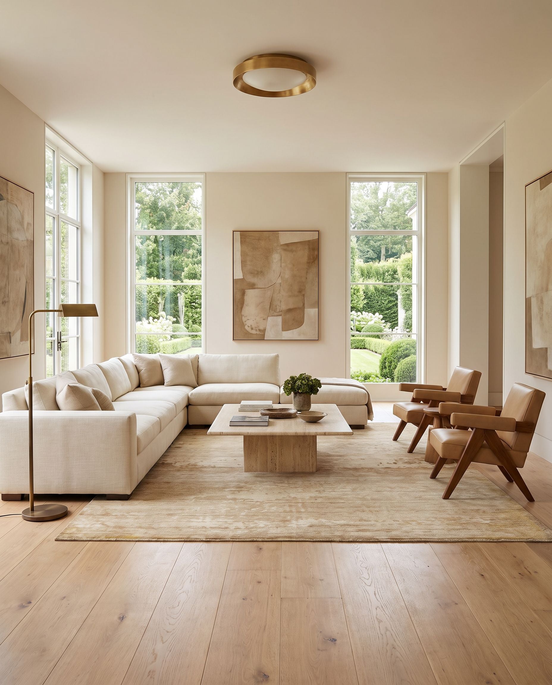 Slice of Nature SLI-6400 Hand Knotted Rug styled in an elegant designer living room — hand knotted modern area rug in beige, wheat, brown and mustard tones