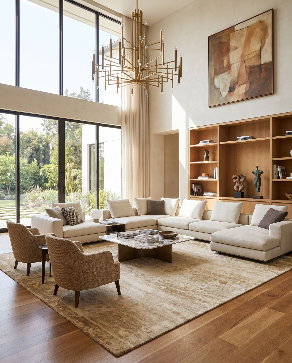 Slice of Nature SLI-6403 Hand Knotted Rug as the centerpiece of a bright luxury living room — a hand knotted modern area rug in wheat, beige and mustard tones