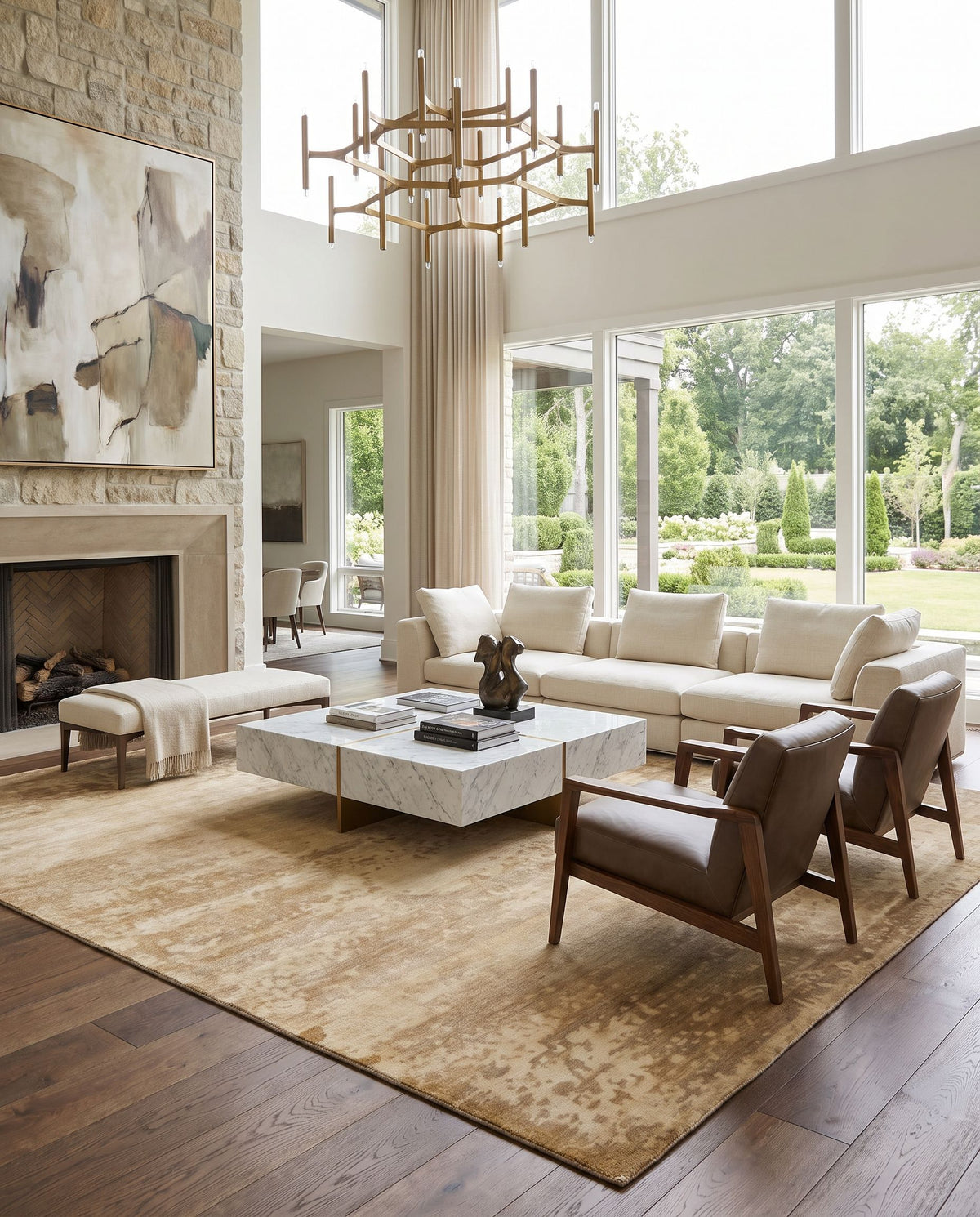 Slice of Nature SLI-6403 Hand Knotted Rug styled in an elegant designer living room — hand knotted modern area rug in wheat, beige and mustard tones