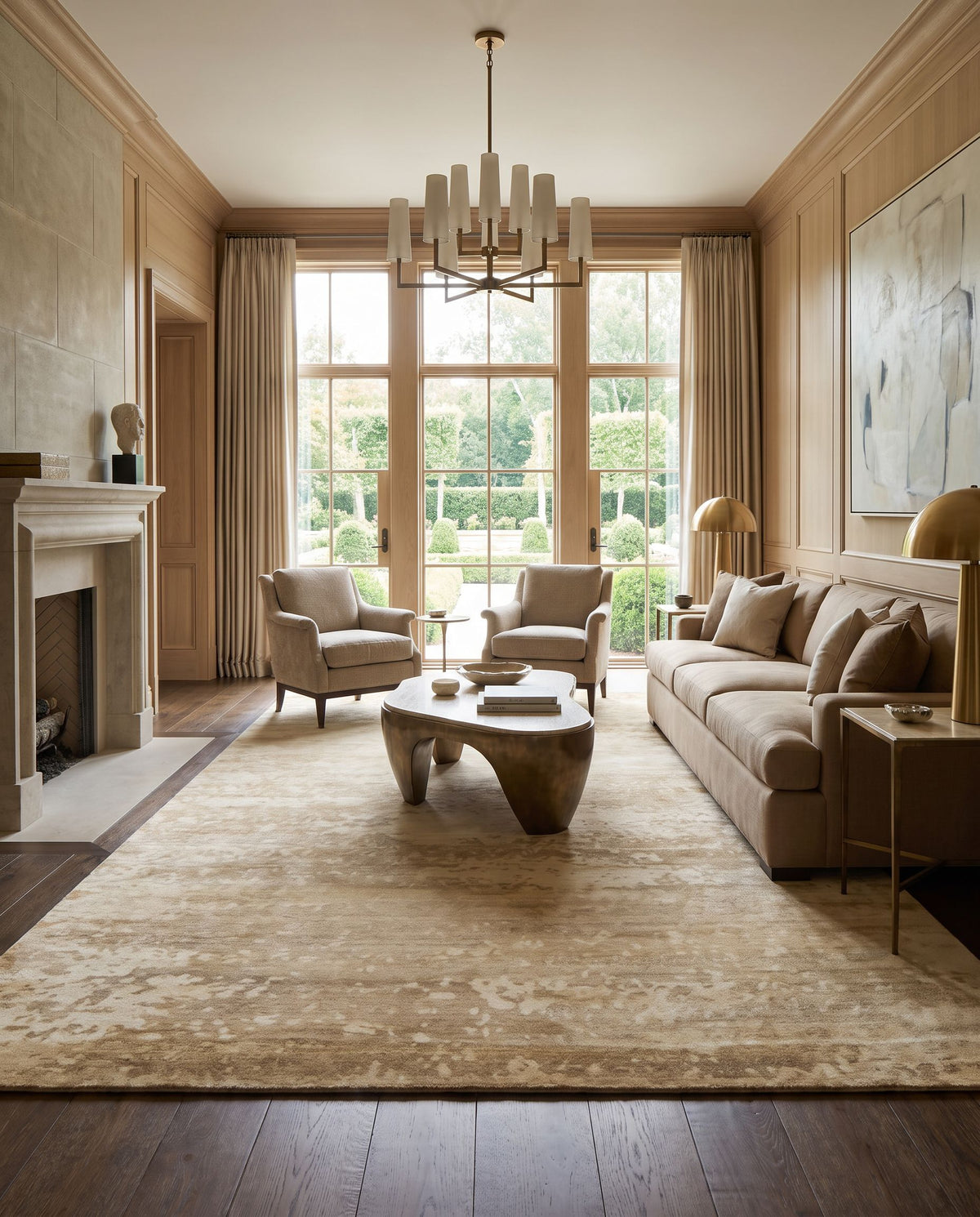 Slice of Nature SLI-6403 Hand Knotted Rug styled in an elegant designer living room — hand knotted modern area rug in wheat, beige and mustard tones