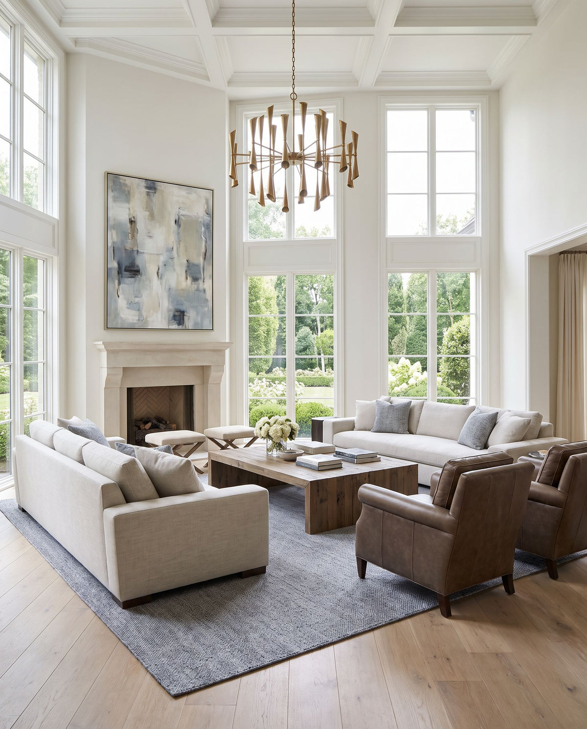 Salome SME-2302 Hand Loomed Rug as the centerpiece of a bright luxury living room — a hand loomed cottage area rug in slate gray, steel blue and charcoal tones