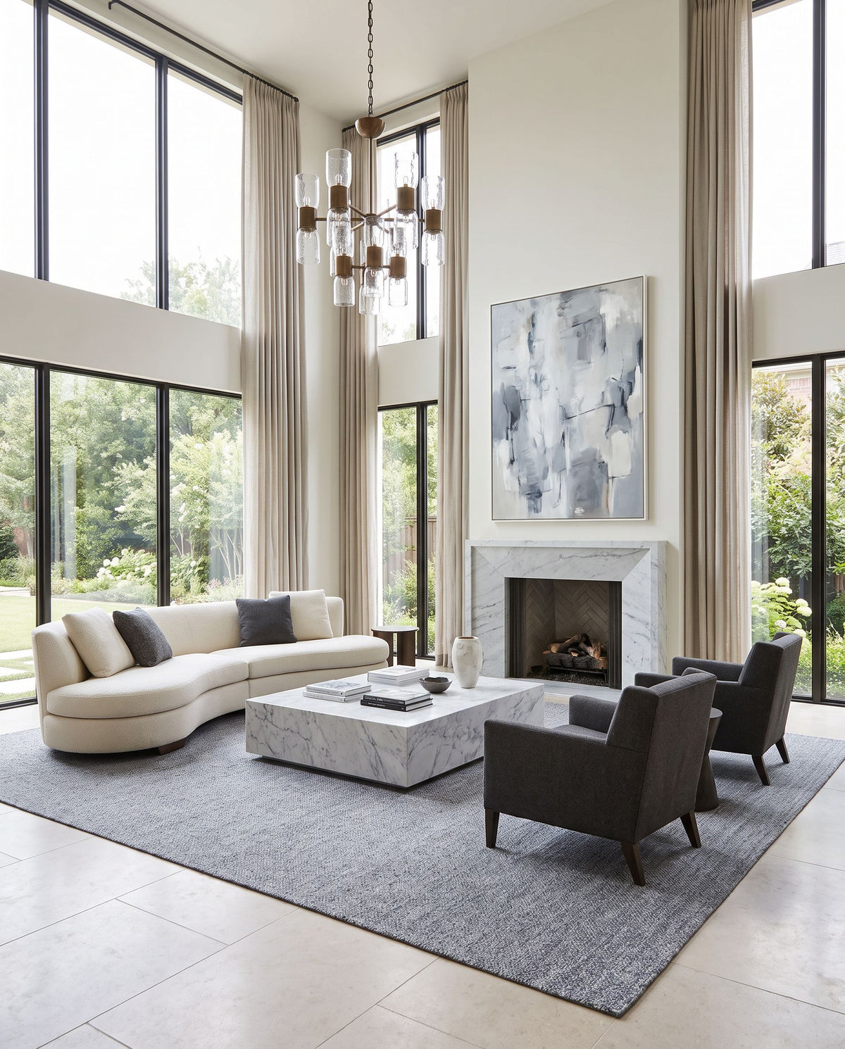 Salome SME-2302 Hand Loomed Rug styled in an elegant designer living room — hand loomed cottage area rug in slate gray, steel blue and charcoal tones