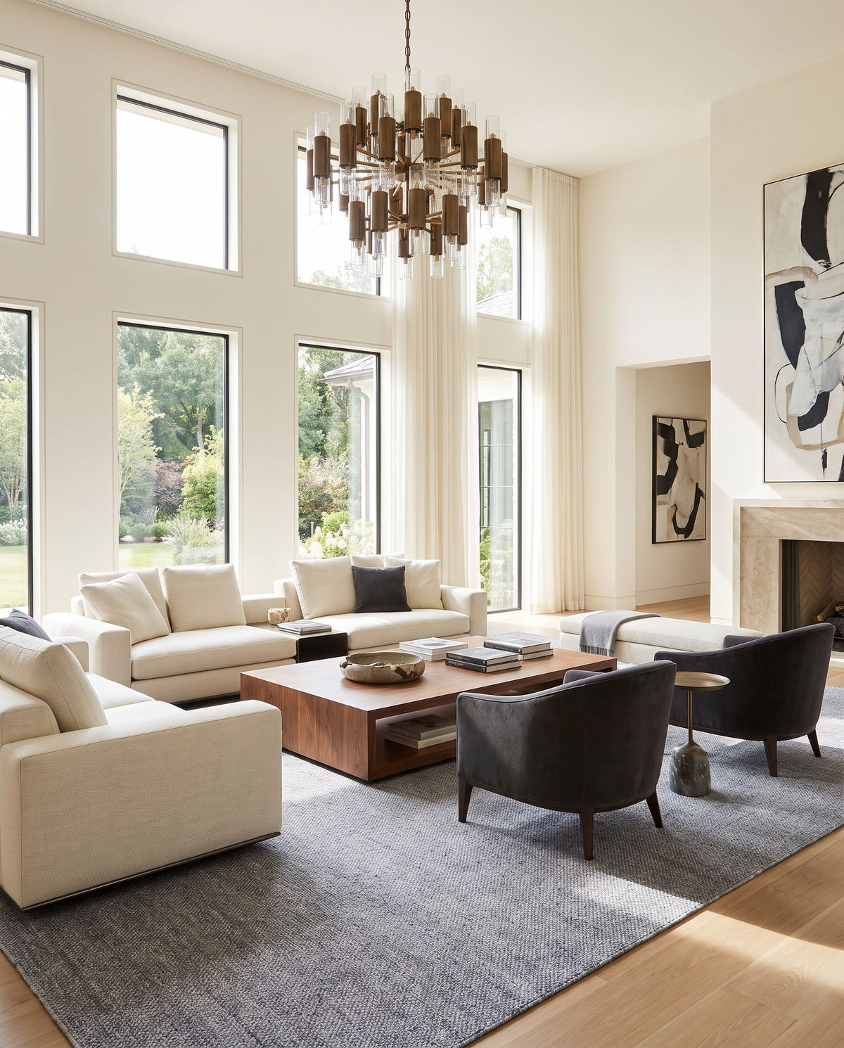 Salome SME-2302 Hand Loomed Rug styled in an elegant designer living room — hand loomed cottage area rug in slate gray, steel blue and charcoal tones
