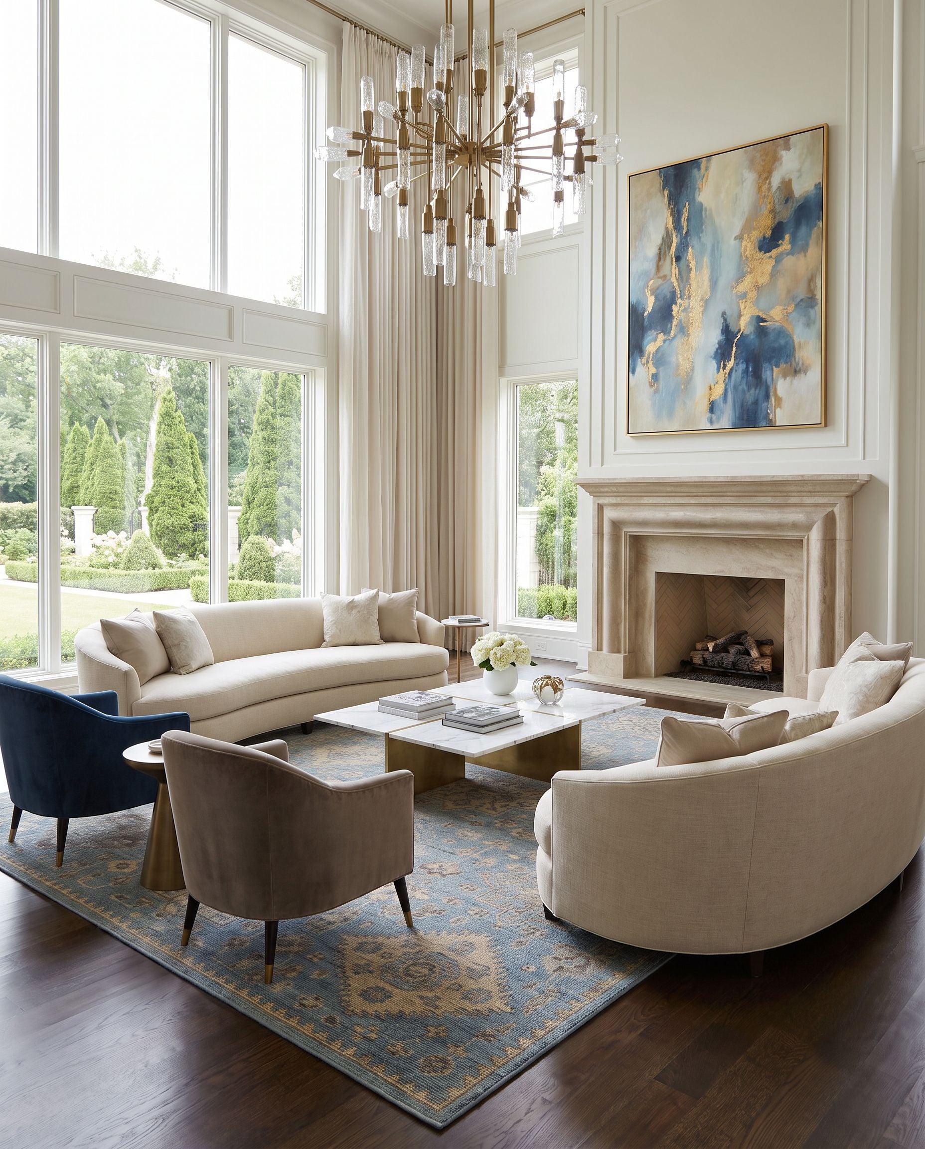 Smyrna SMY-2303 Hand Knotted Rug as the centerpiece of a bright luxury living room — a hand knotted traditional area rug in light blue, medium gray, beige and black tones