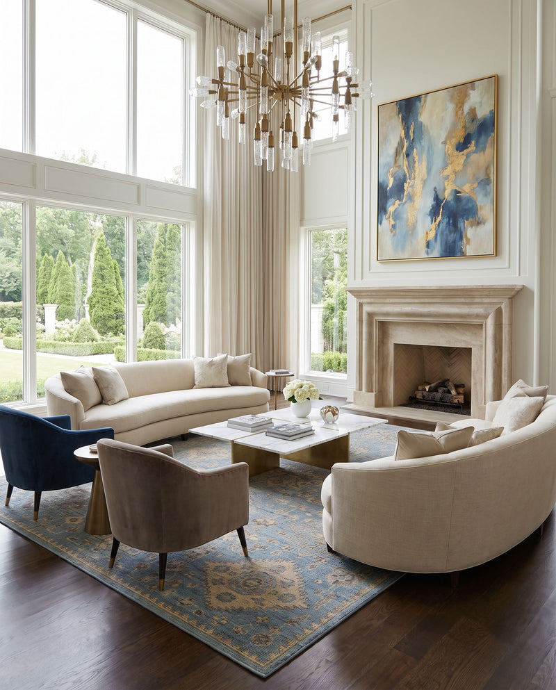Smyrna SMY-2303 Hand Knotted Rug as the centerpiece of a bright luxury living room — a hand knotted traditional area rug in light blue, medium gray, beige and black tones