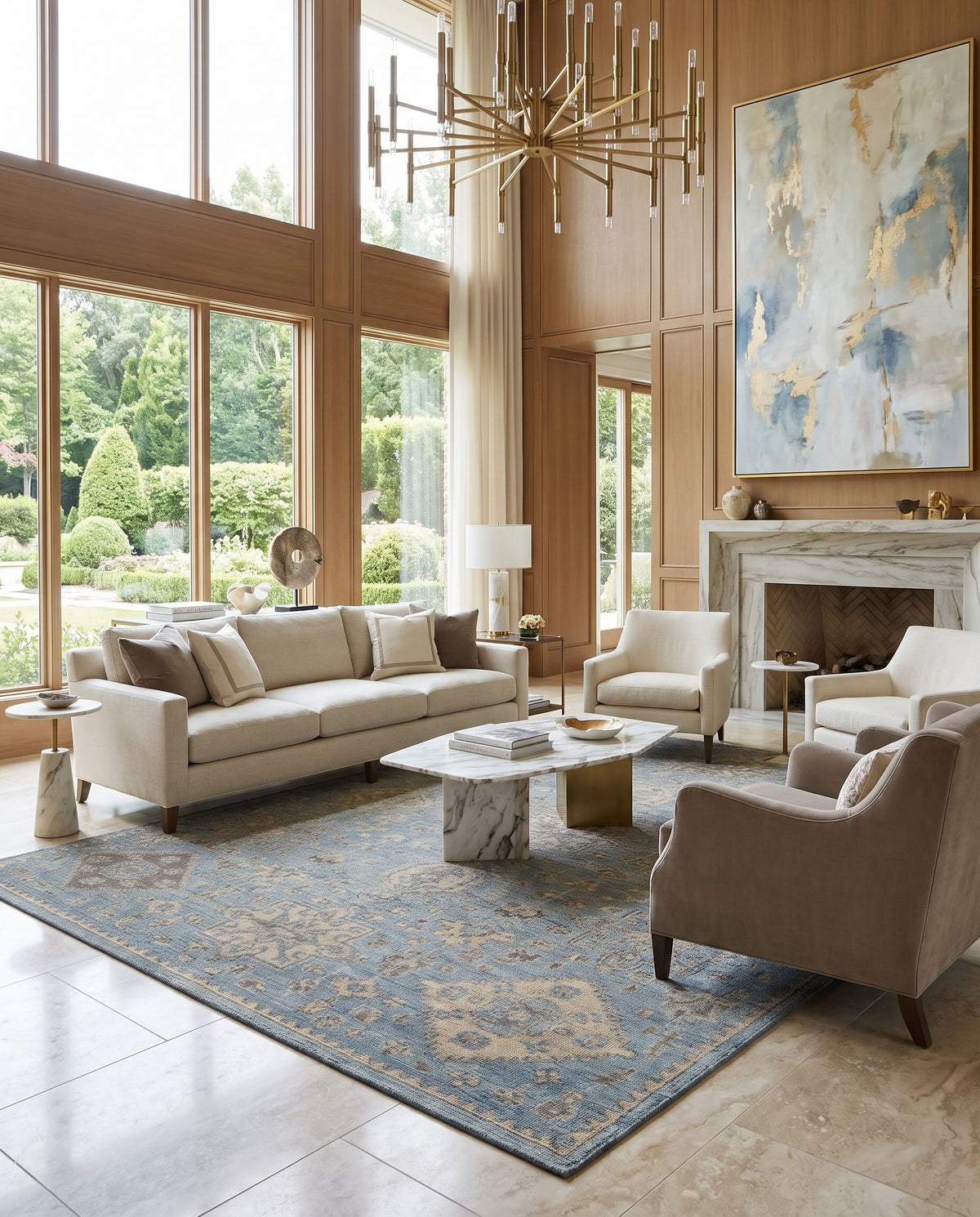 Smyrna SMY-2303 Hand Knotted Rug styled in an elegant designer living room — hand knotted traditional area rug in light blue, medium gray, beige and black tones