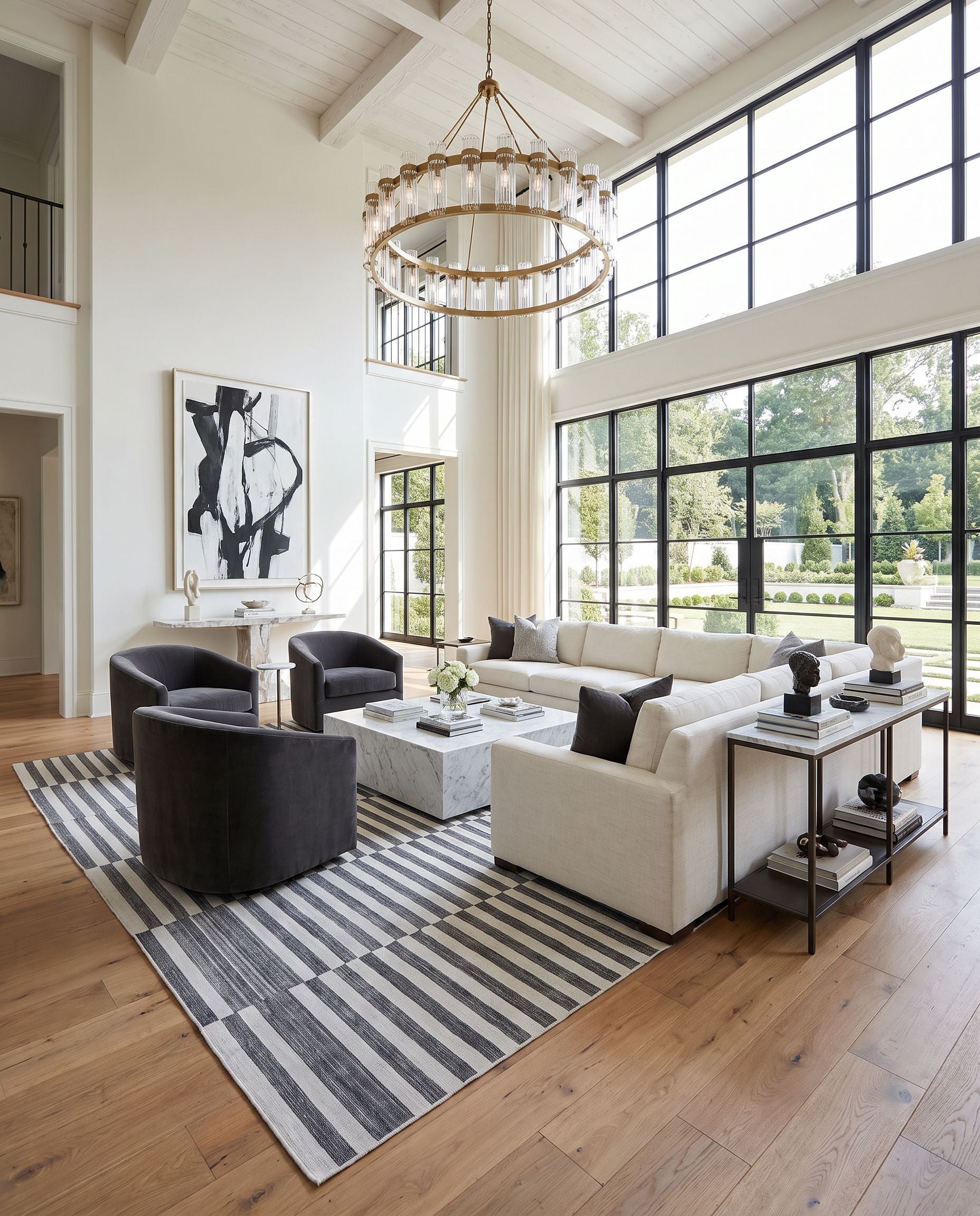 Santorini SNI-2300 Hand Loomed Rug as the centerpiece of a bright luxury living room — a hand loomed contemporary area rug in black and white tones