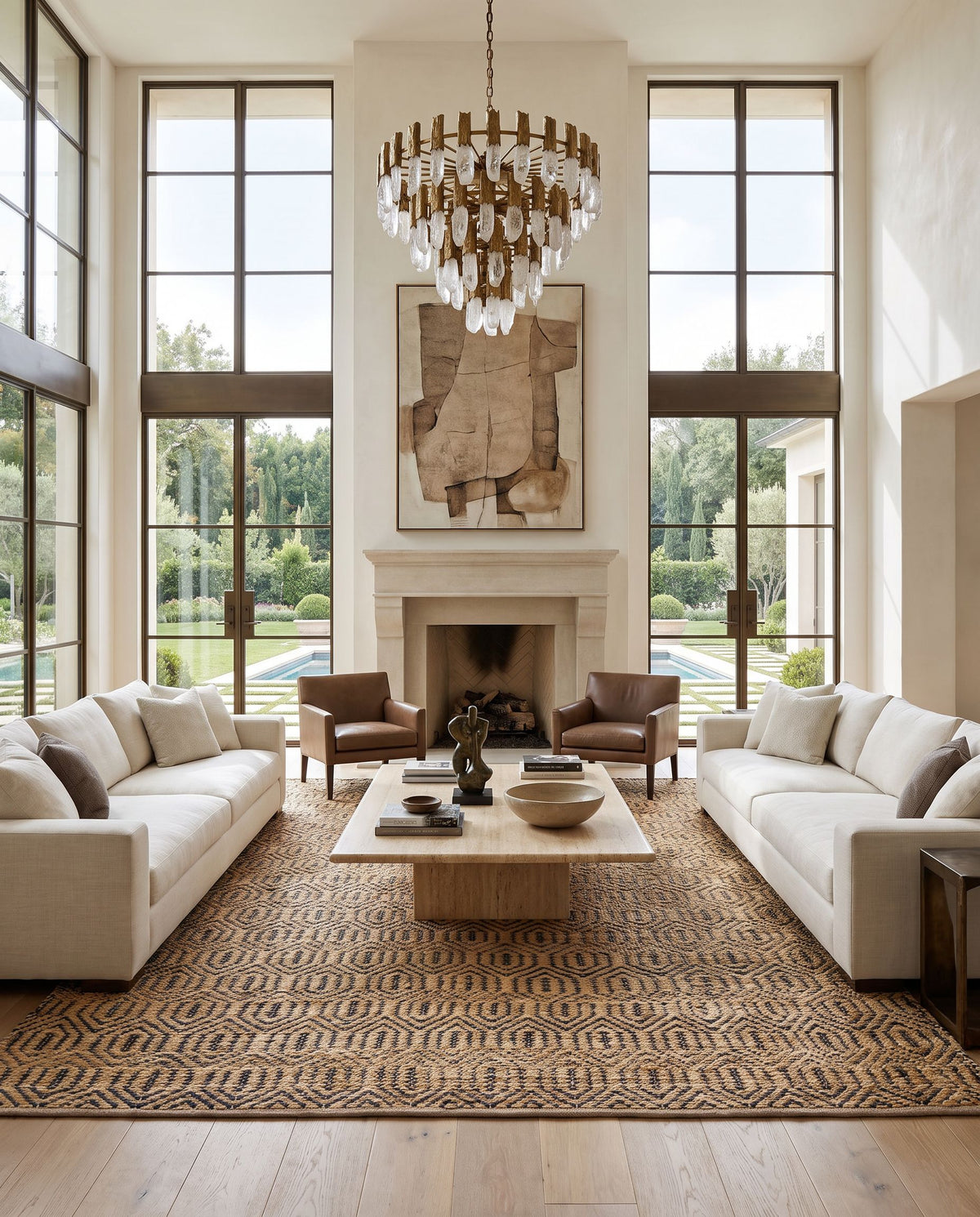 Selanik SNK-2300 Hand Woven Rug as the centerpiece of a bright luxury living room — a hand woven cottage area rug in mustard, amber and black tones