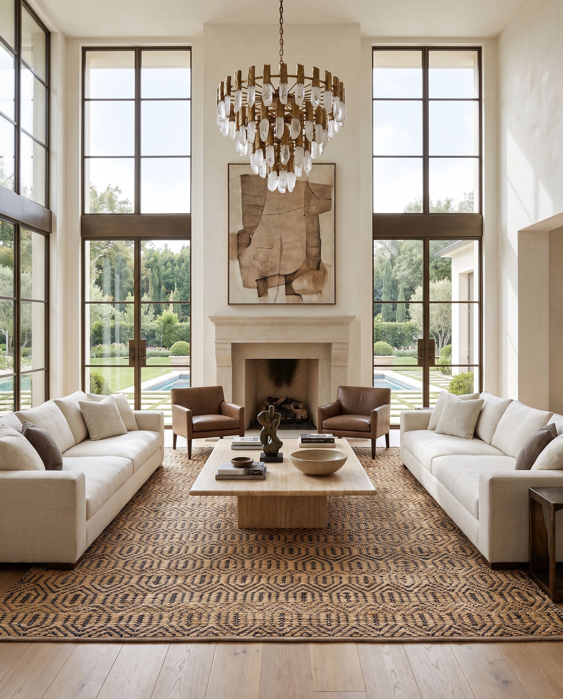 Selanik SNK-2300 Hand Woven Rug as the centerpiece of a bright luxury living room — a hand woven cottage area rug in mustard, amber and black tones