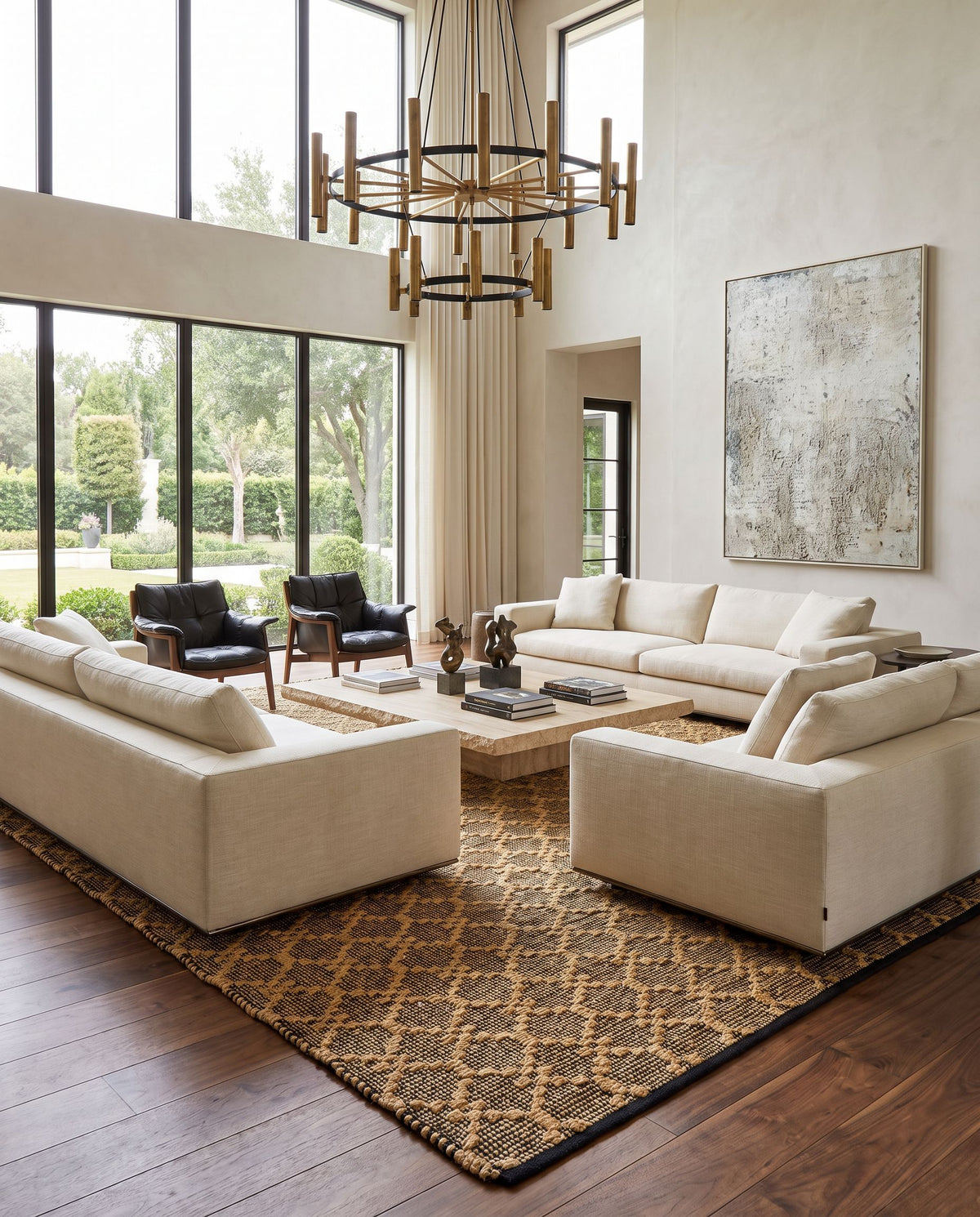 Selanik SNK-2301 Hand Woven Rug as the centerpiece of a bright luxury living room — a hand woven cottage area rug in beige and black tones