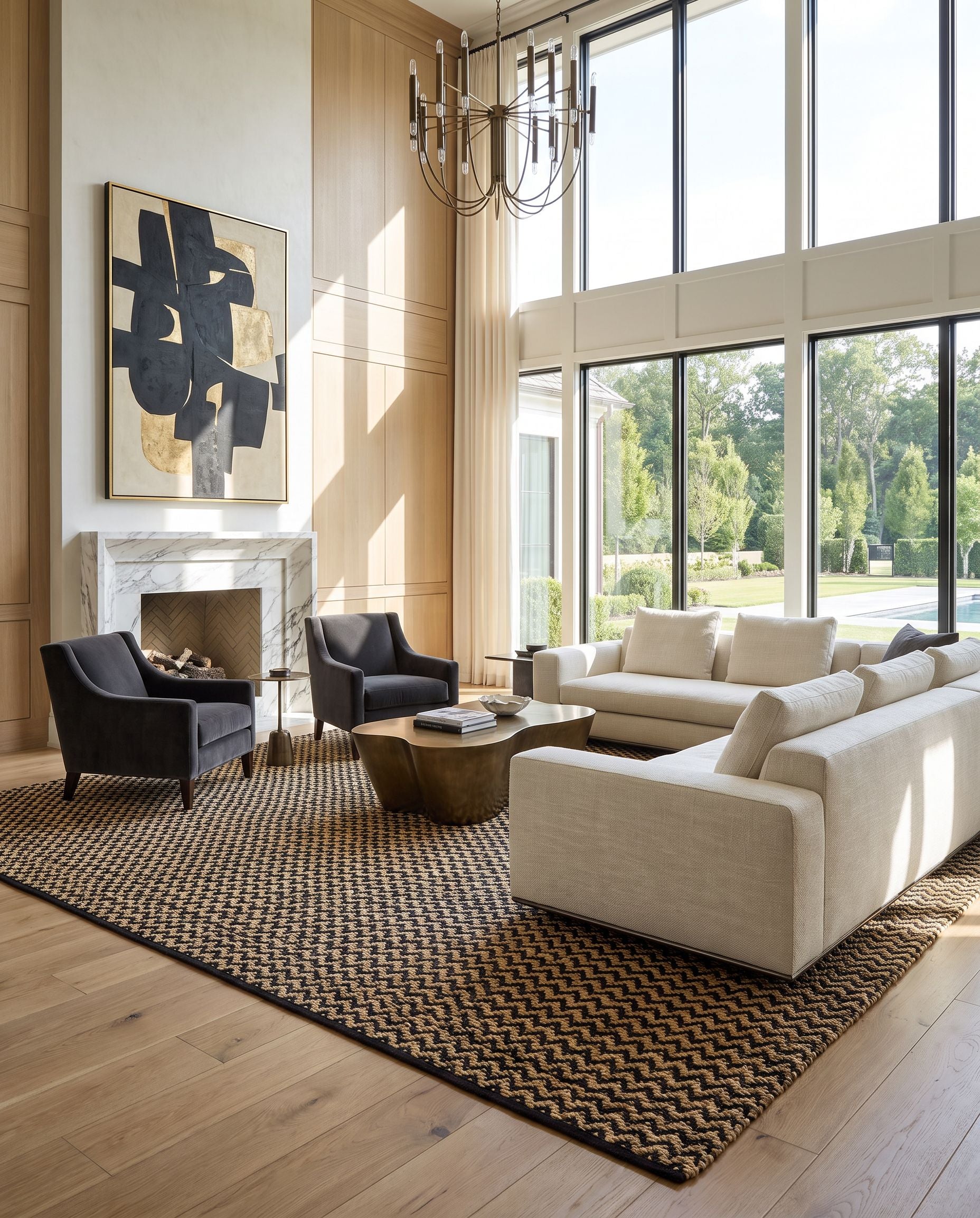 Selanik SNK-2302 Hand Woven Rug as the centerpiece of a bright luxury living room — a hand woven cottage area rug in beige and black tones