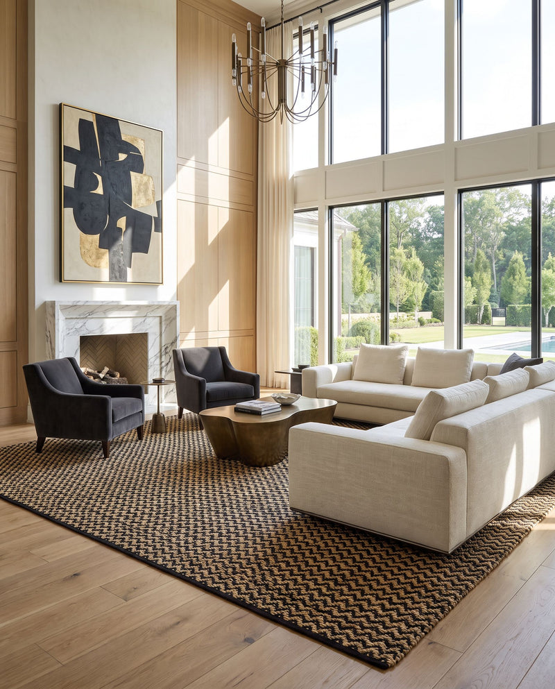 Selanik SNK-2302 Hand Woven Rug as the centerpiece of a bright luxury living room — a hand woven cottage area rug in beige and black tones