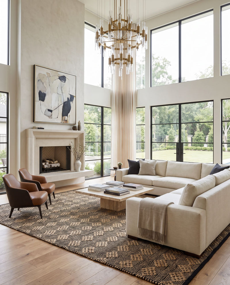 Selanik SNK-2303 Hand Woven Rug as the centerpiece of a bright luxury living room — a hand woven cottage area rug in beige and black tones