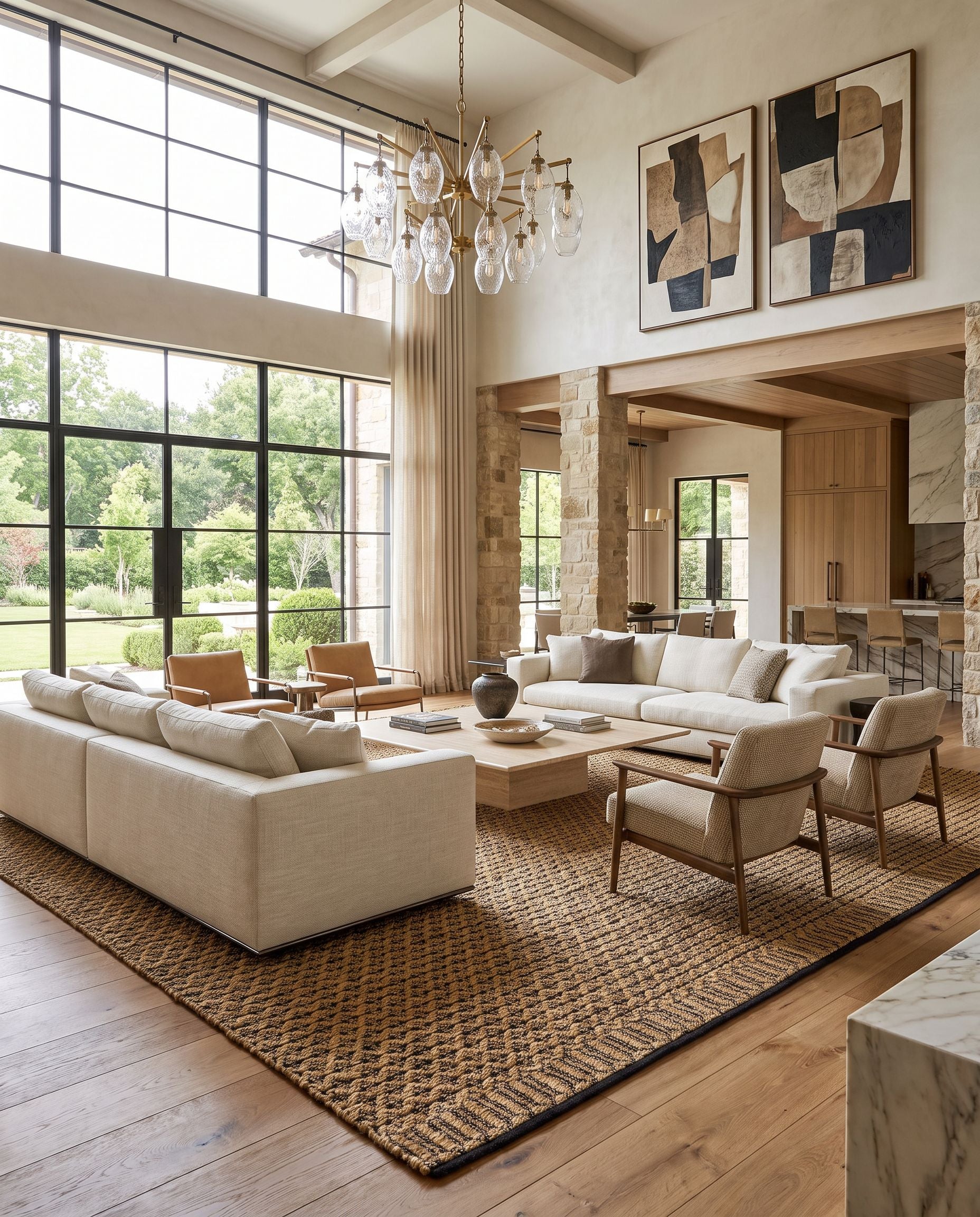 Selanik SNK-2304 Hand Woven Rug as the centerpiece of a bright luxury living room — a hand woven cottage area rug in beige, taupe and black tones