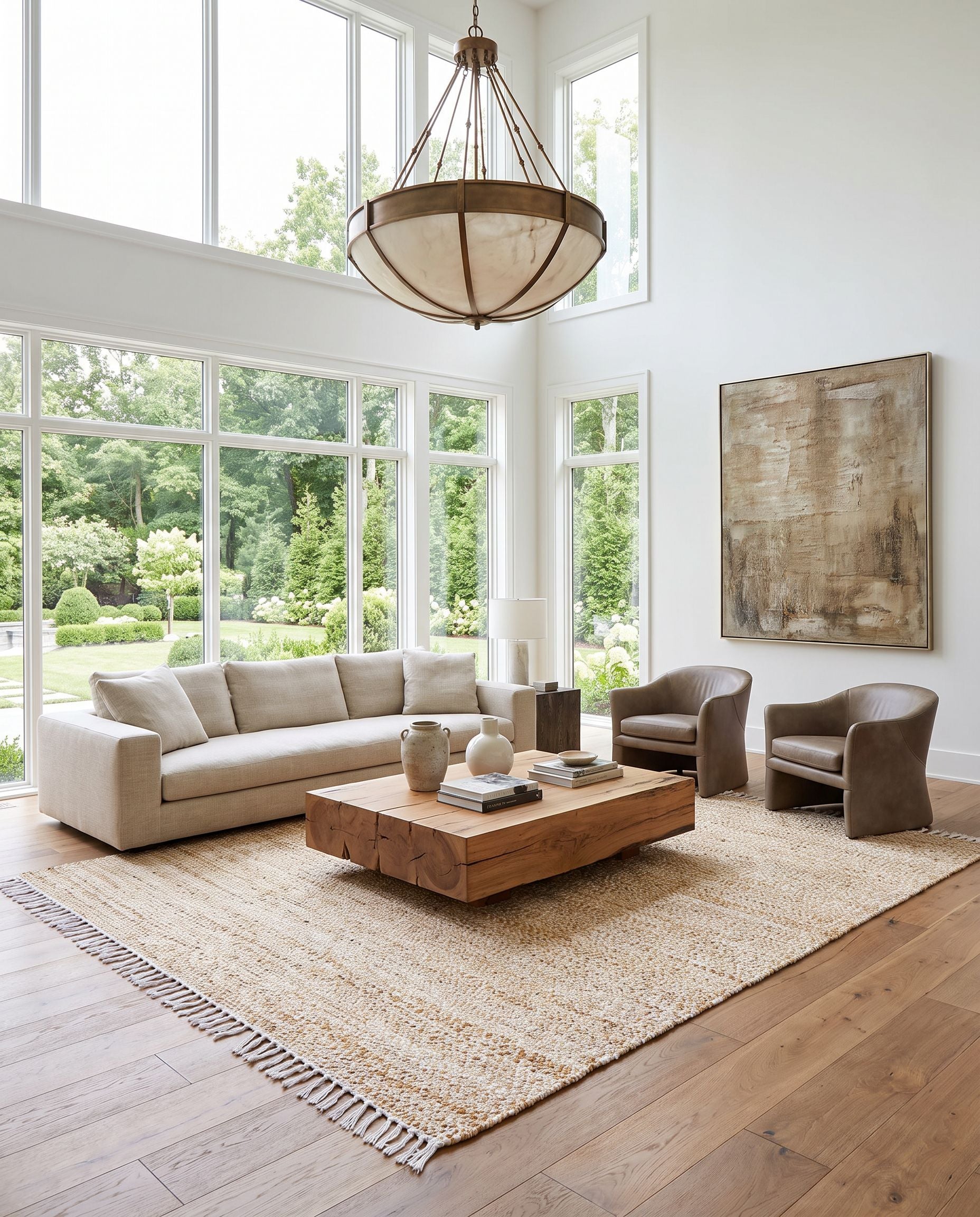 Selanik SNK-2305 Hand Woven Rug as the centerpiece of a bright luxury living room — a hand woven cottage area rug in camel and white tones