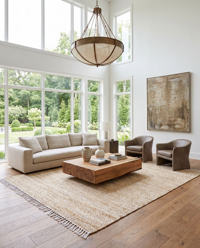 Selanik SNK-2305 Hand Woven Rug as the centerpiece of a bright luxury living room — a hand woven cottage area rug in camel and white tones