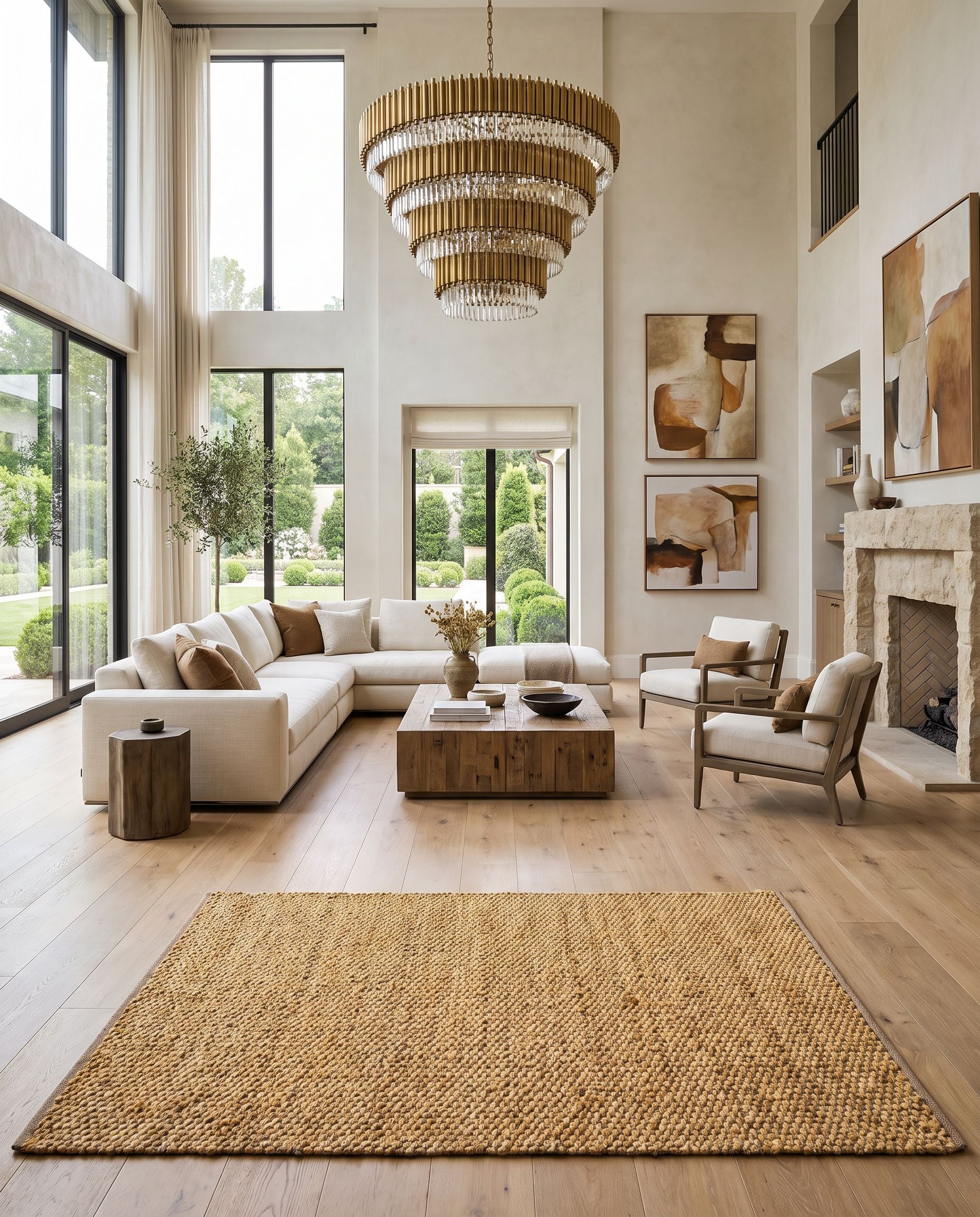 Selanik SNK-2306 Hand Woven Rug as the centerpiece of a bright luxury living room — a hand woven cottage area rug in beige and taupe tones