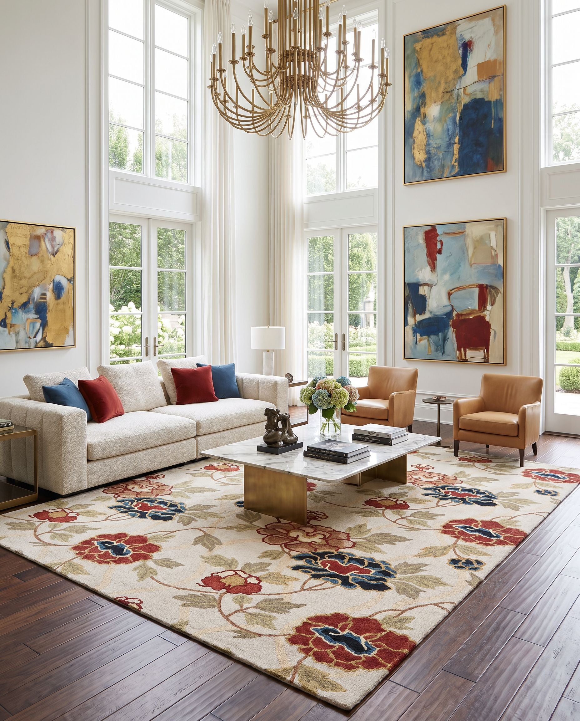 Sonoma SNM-9027 Hand Knotted Rug as the centerpiece of a bright luxury living room — a hand knotted modern area rug in beige, tan, olive and brown tones