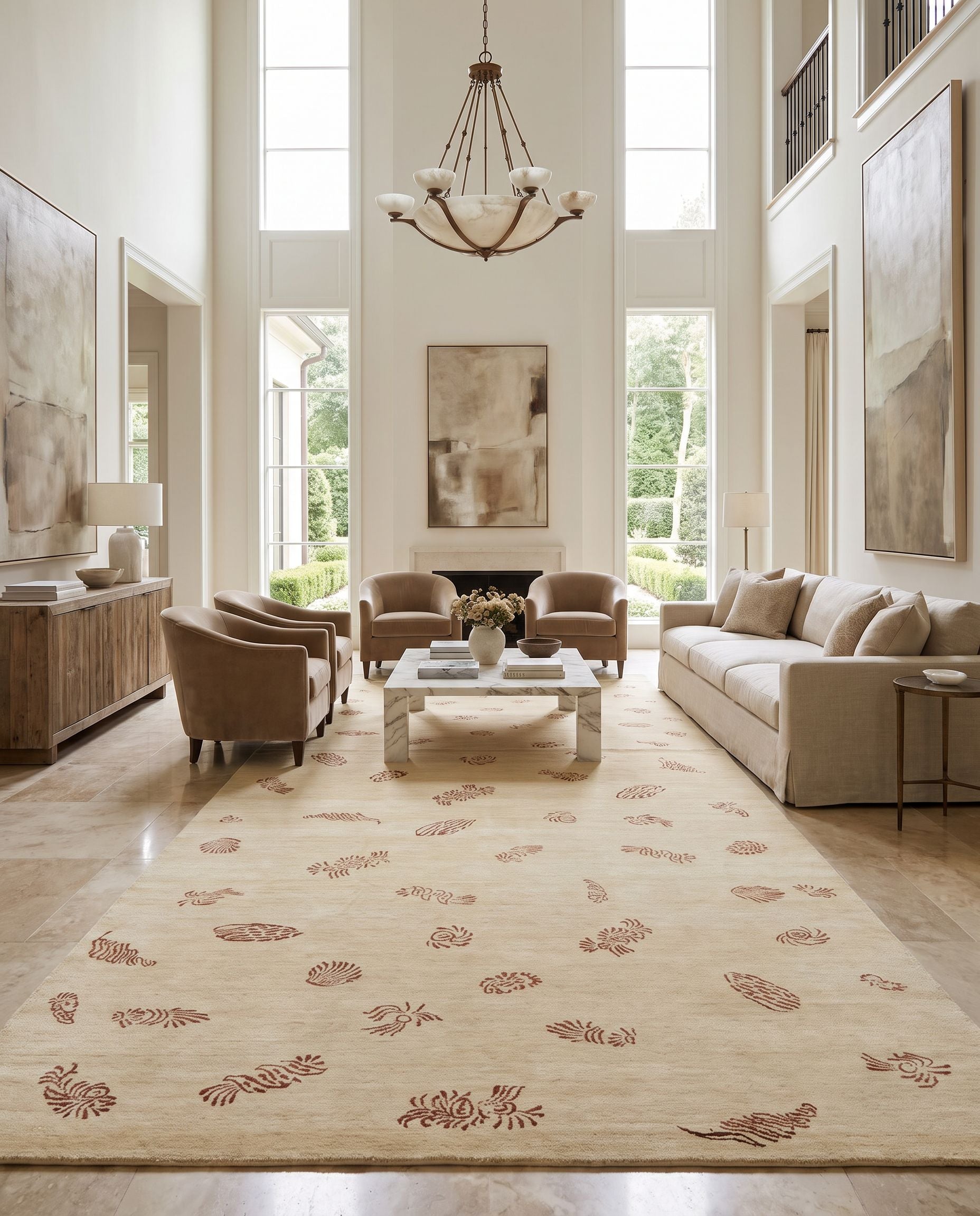 Sonora SON-1045 Hand Knotted Rug as the centerpiece of a bright luxury living room — a hand knotted modern area rug in multicolor tones