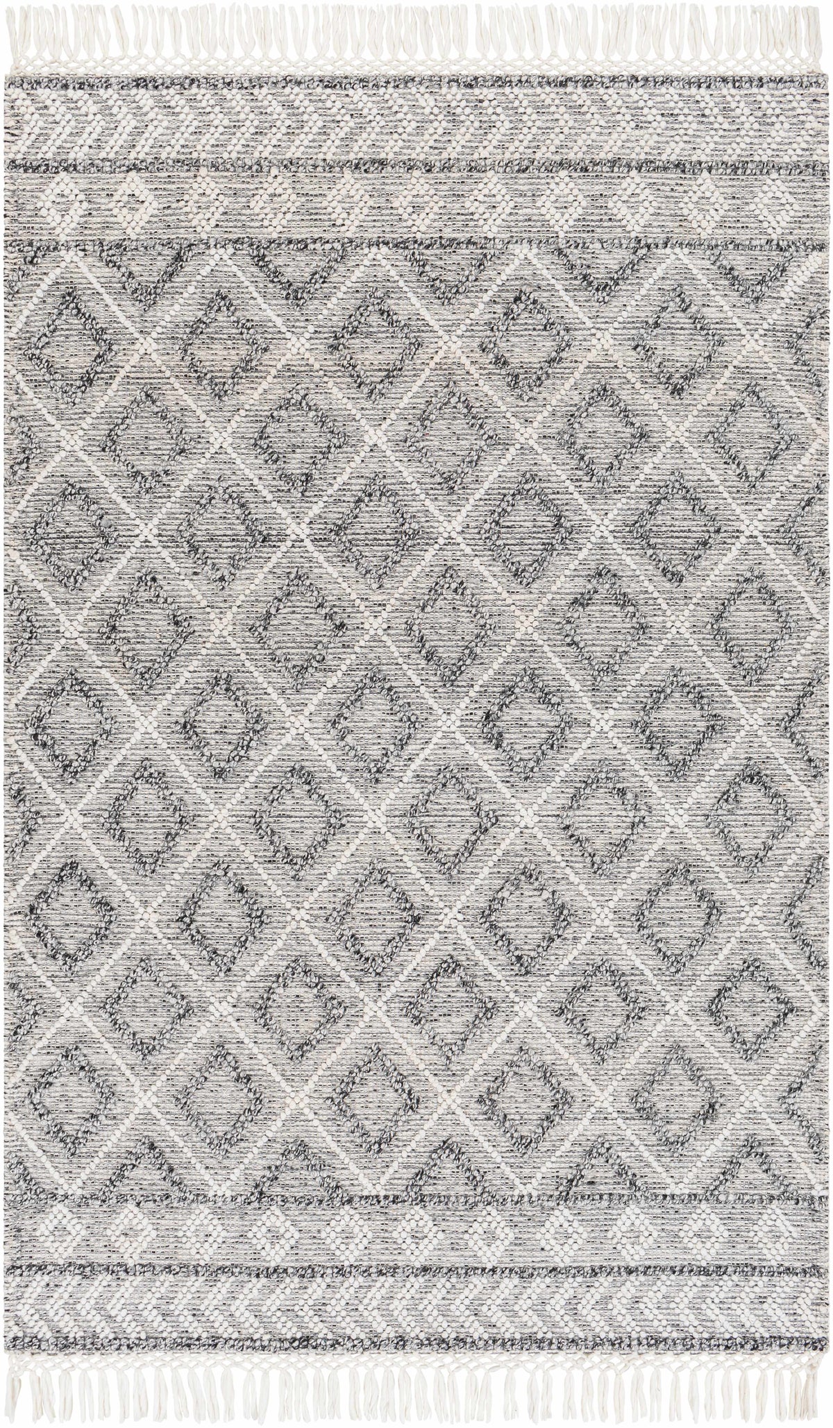 White Hand Woven 100% Recycled PET Yarn Global Rectangle Handmade rug, Indoor use only, has fringe, non-washable.