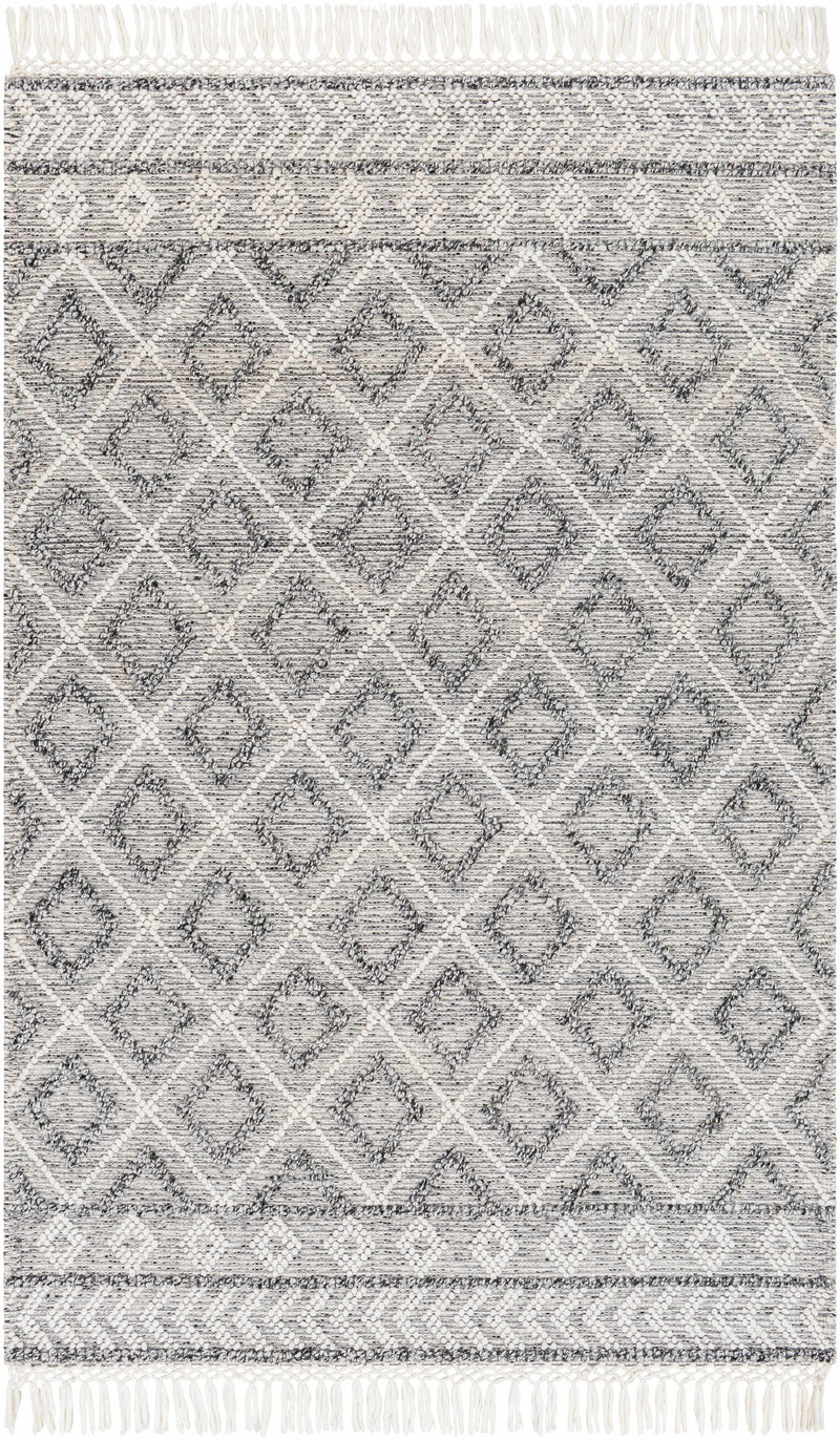 White Hand Woven 100% Recycled PET Yarn Global Rectangle Handmade rug, Indoor use only, has fringe, non-washable.